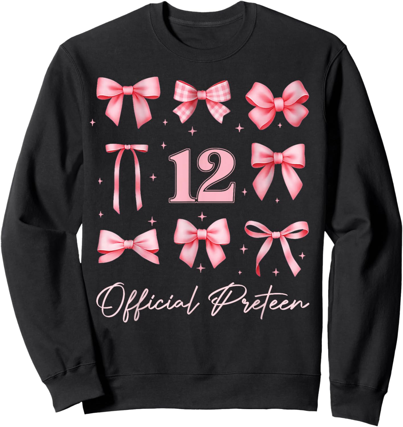 Kids 12th Birthday Girl Coquette Bow Pink Official Preteen Sweatshirt - Sweatshirt | Black