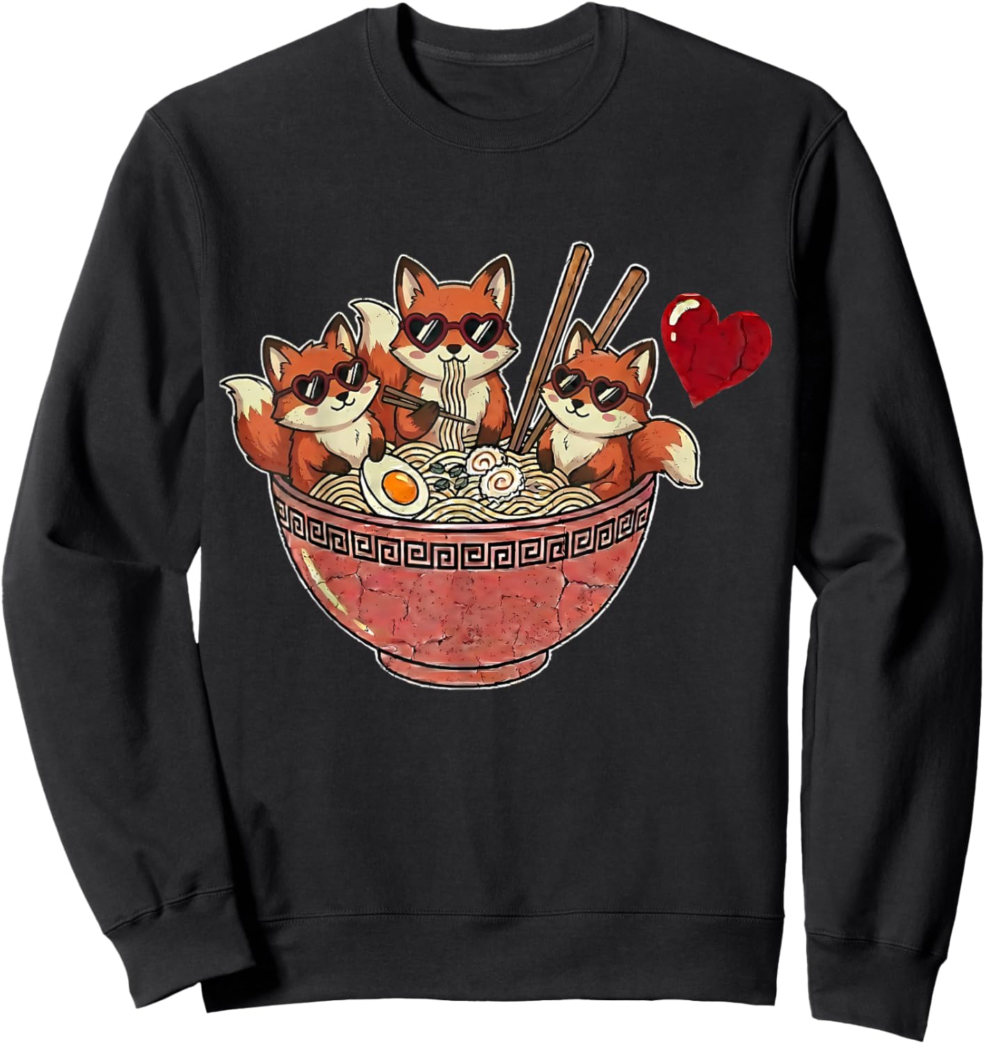Cute Japanese Fox Ramen Noodles Anime Valentines Day Sweatshirt - Sweatshirt | Black