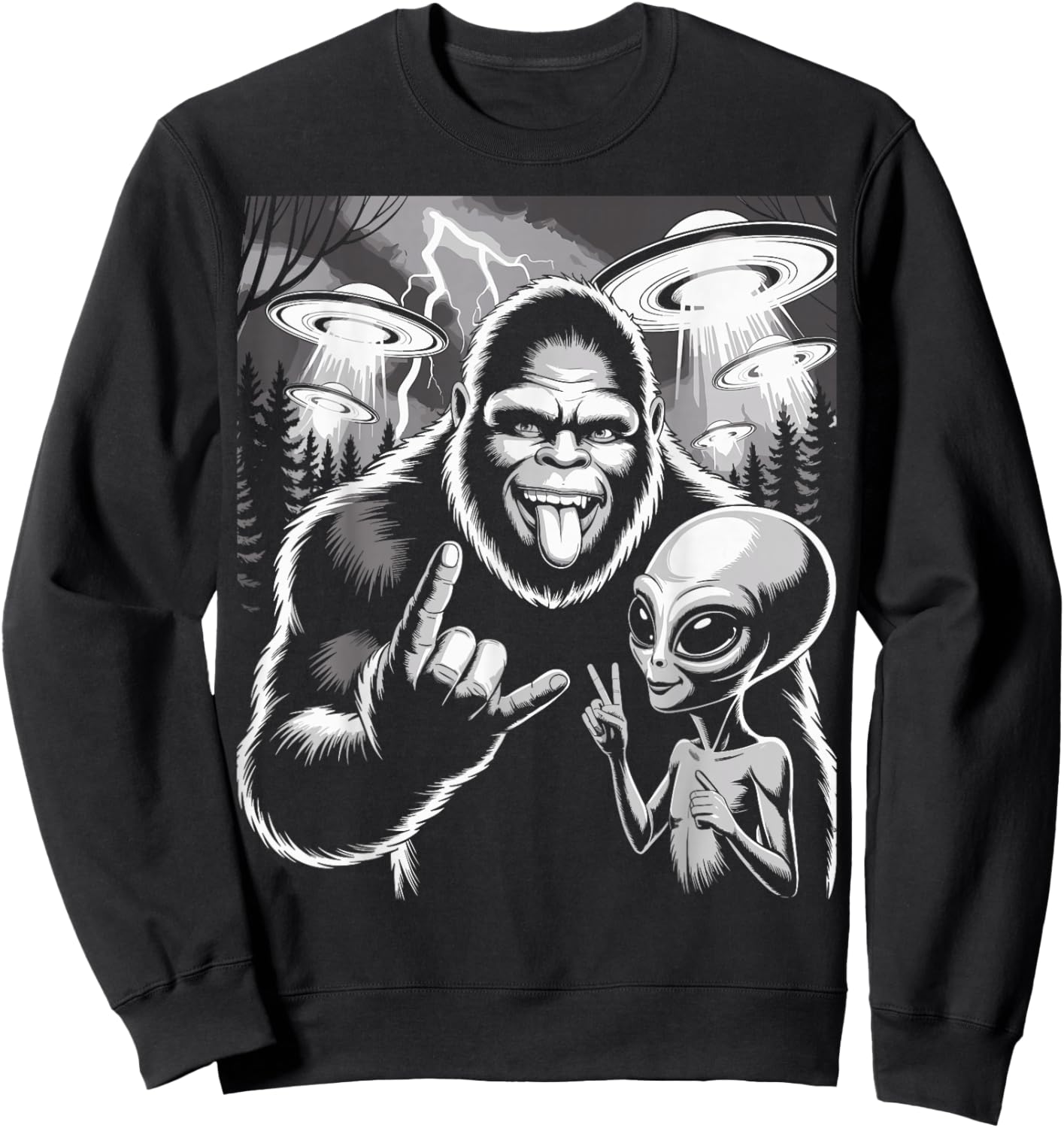 Funny Bigfoot & Alien Sasquatch Rock On Hand Sign UFO Selfie Sweatshirt - Sweatshirt | Black