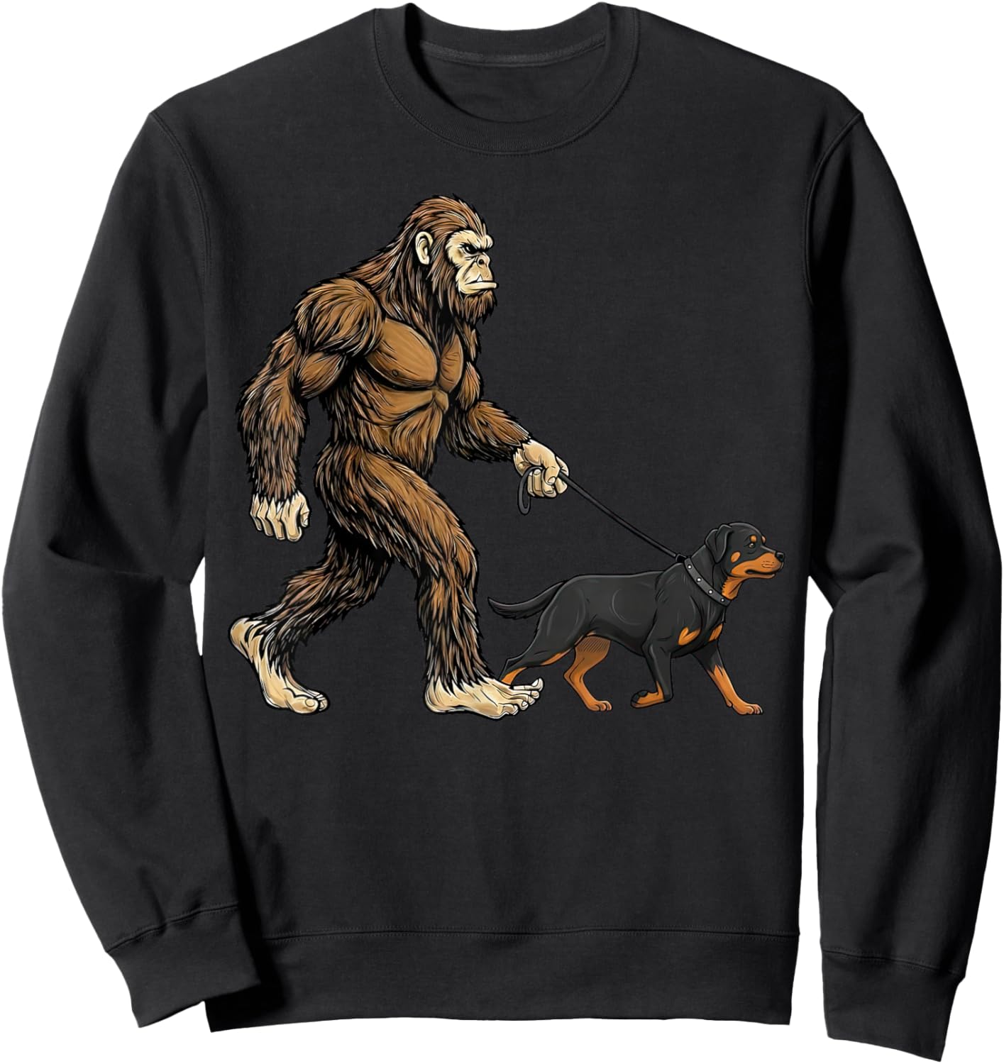 Bigfoot Walking Rottweiler Dog Funny Sasquatch Sweatshirt - Sweatshirt | Black