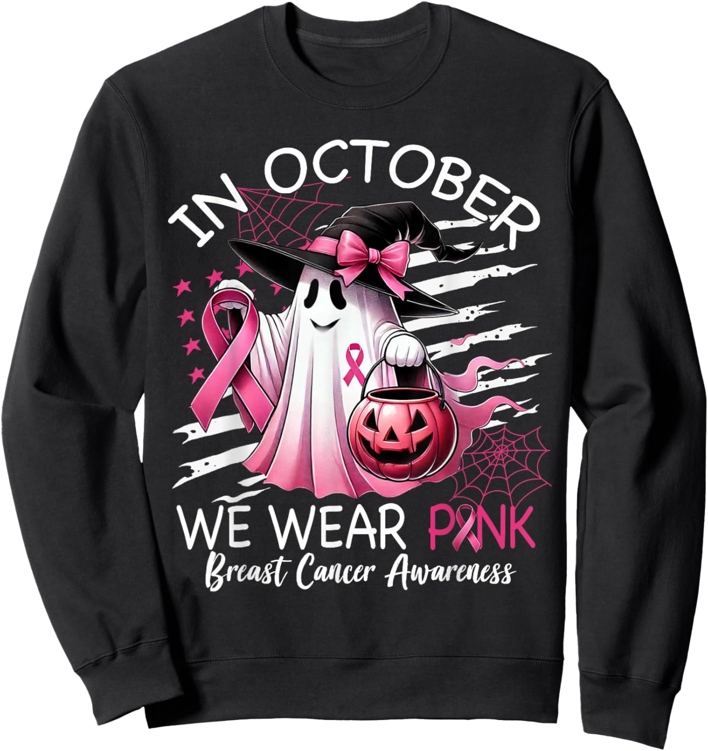 in October We Wear Pink Boo Ghost Breast Cancer Pink Ribbon Sweatshirt - Sweatshirt | Black
