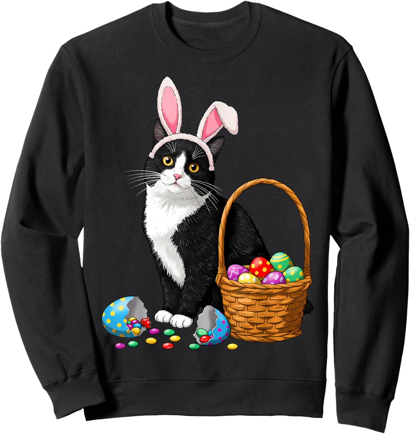 Easter Day Cat Bunny Ears Eggs Graphic Men Women Kids Funny Sweatshirt - Sweatshirt | Black