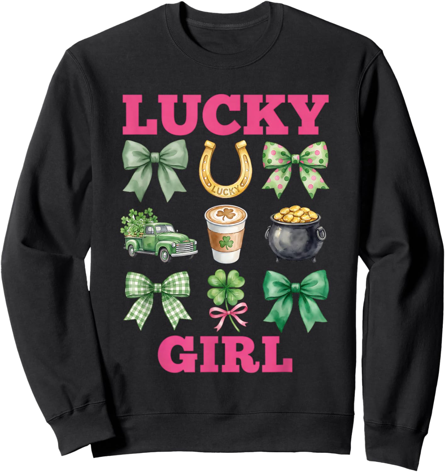 Lucky Girl Coquette Bows Pink Green St Patricks Day Women Sweatshirt - Sweatshirt | Black