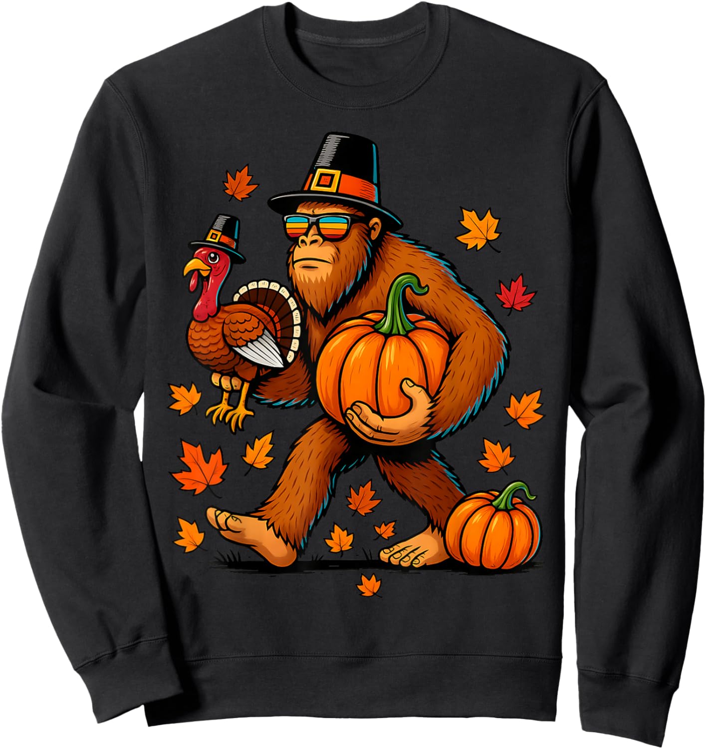 Pilgrim Turkey Pumpkin Thanksgiving Day Bigfoot Boys Men Sweatshirt - Sweatshirt | Black