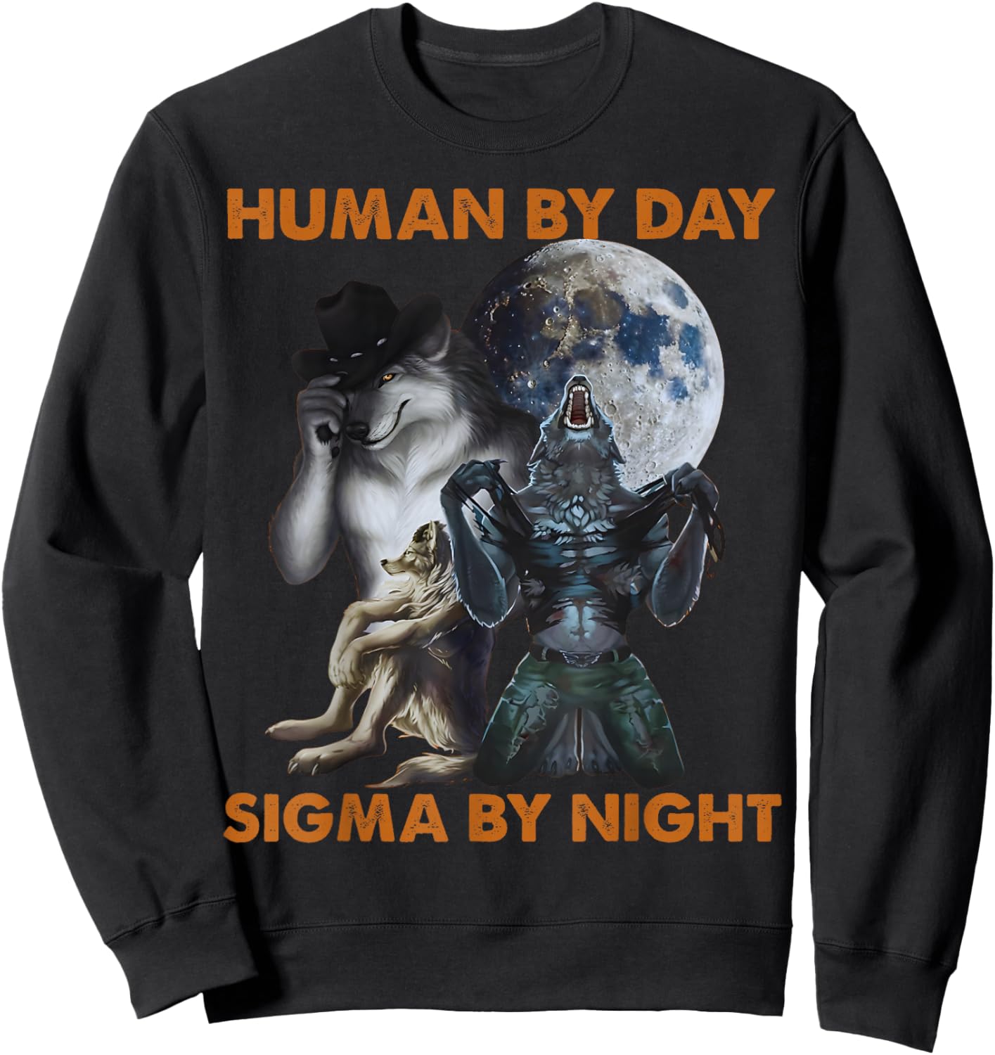 Human by Day Sigma by Night Funny Alpha Wolf Meme Men Women Sweatshirt - Sweatshirt | Black