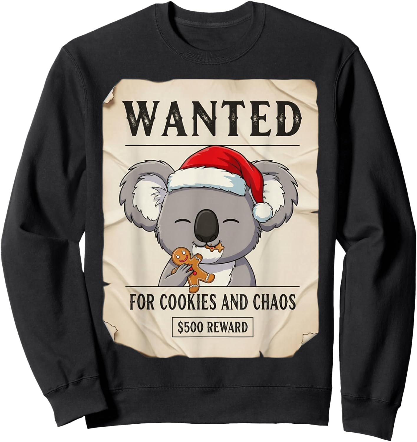 Wanted for Cookies and Chaos Funny Koala Christmas Pajama Sweatshirt - Sweatshirt | Black