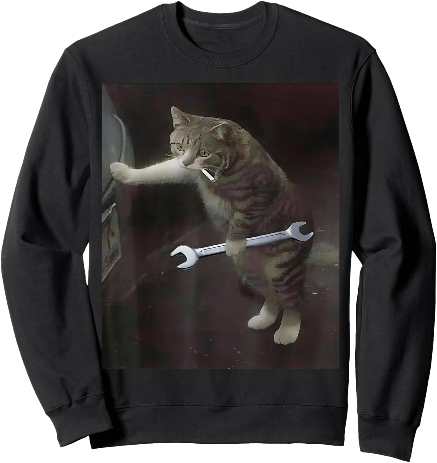 Funny Cat Smoking Cigarette Holding Wrench Mechanic Cat Meme Sweatshirt - Sweatshirt | Black