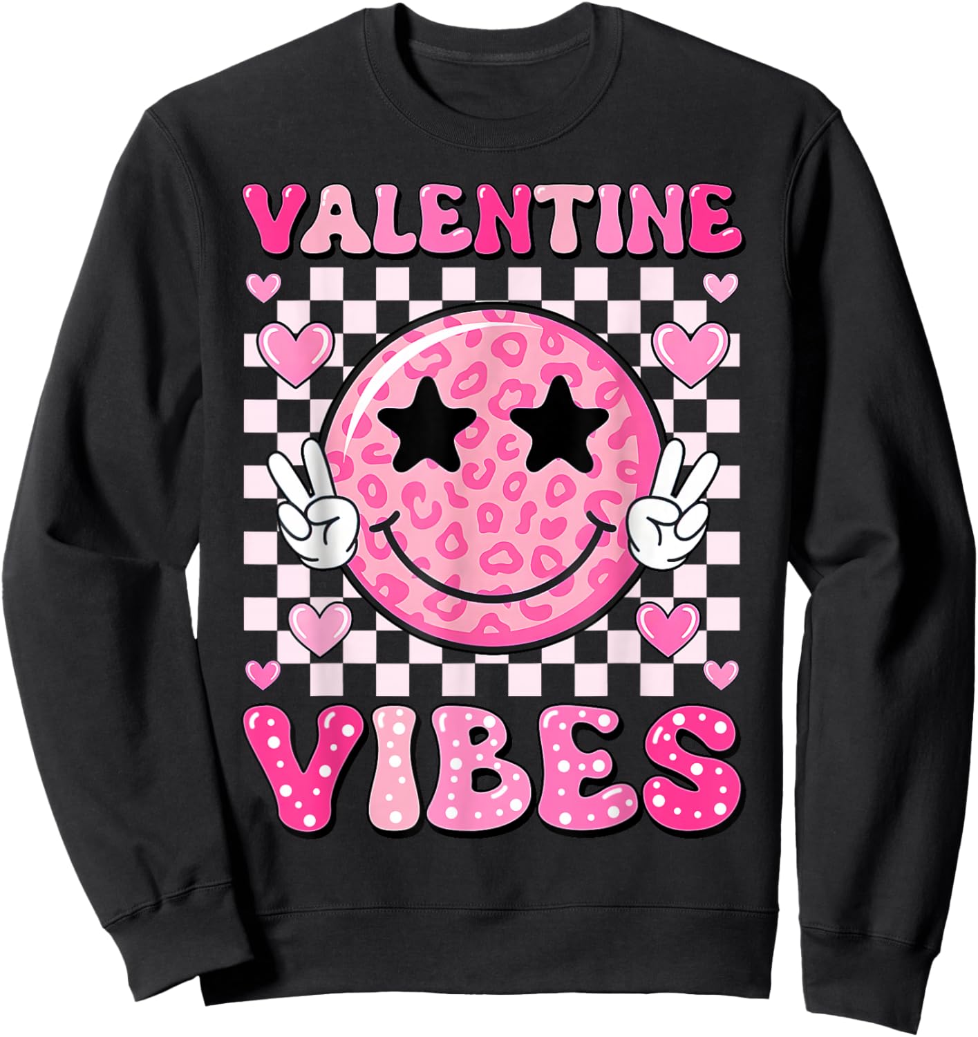 Groovy Valentine Vibes Cute Heart Happy Valentines Men Women Sweatshirt - Sweatshirt | Black
