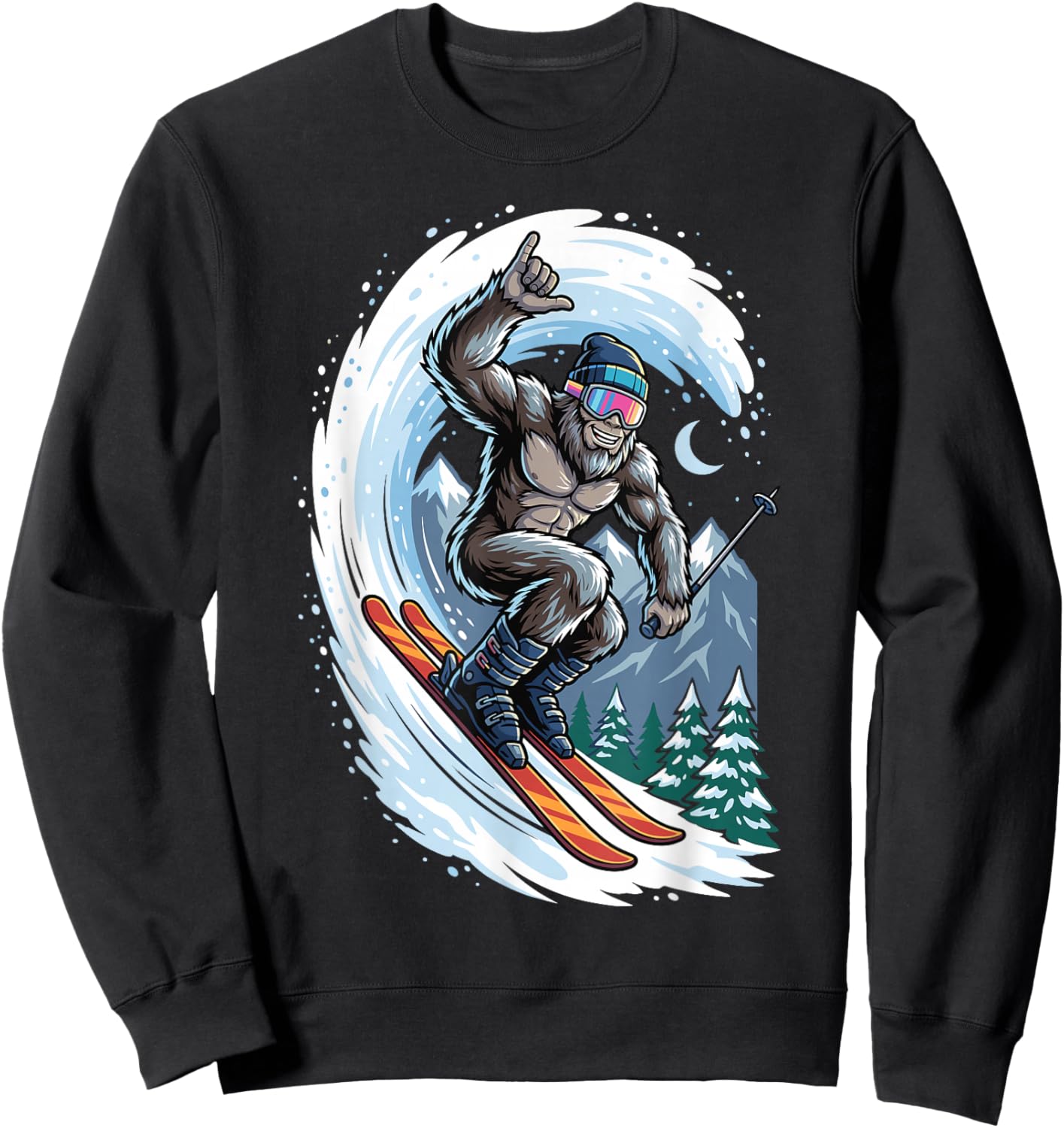 Funny Bigfoot Skiing Sasquatch Skier Winter Mountain Sweatshirt - Sweatshirt | Black