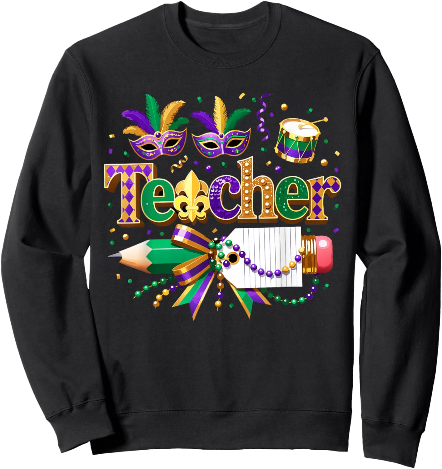 Custom Mardi Gras Teacher Coquette Pencil Holiday Mask Bow Sweatshirt - Sweatshirt | Black