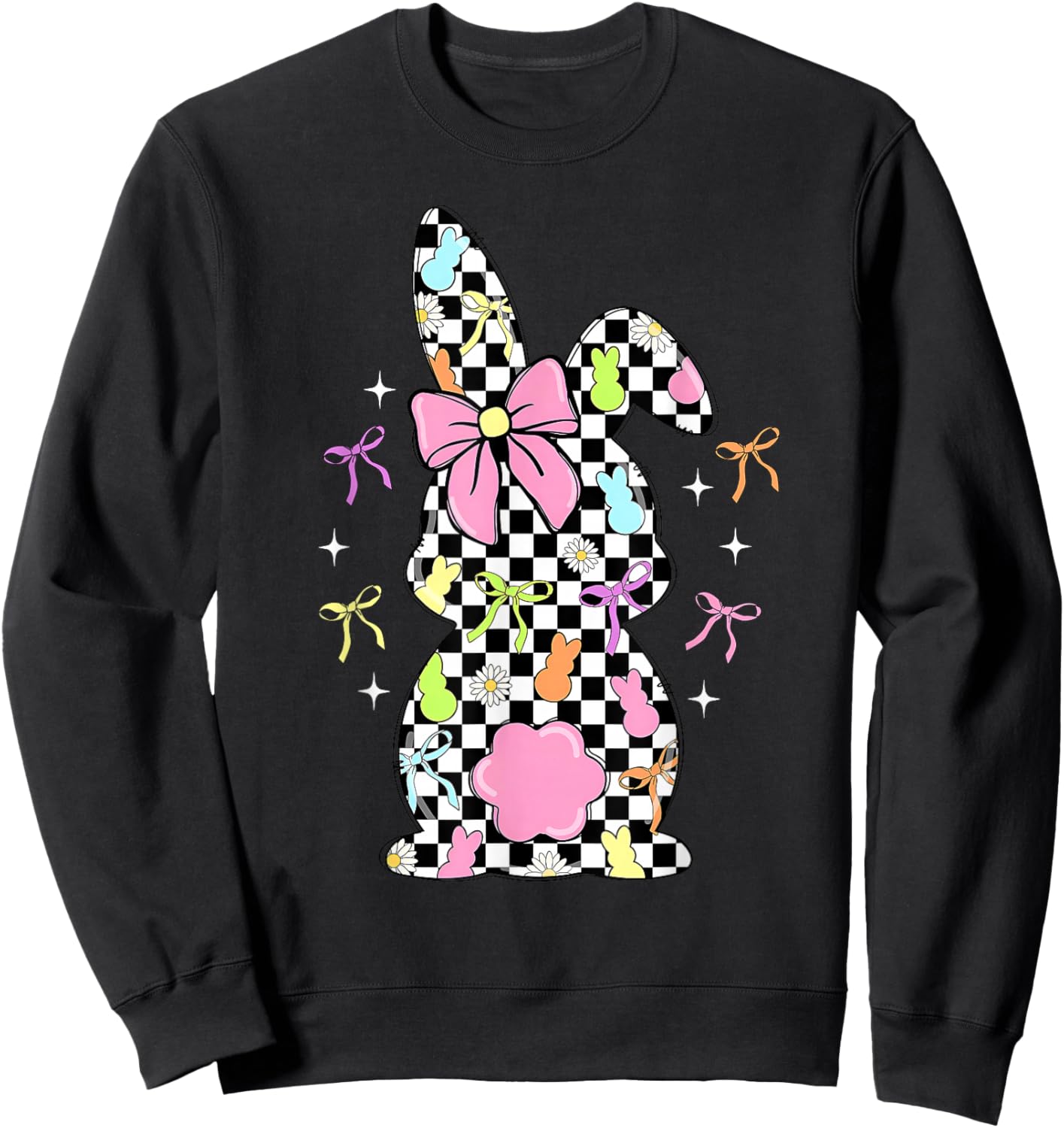 Funny Bunny Checkered Coquette Bow Rabbit Eggs Easter Retro Sweatshirt - Sweatshirt | Black
