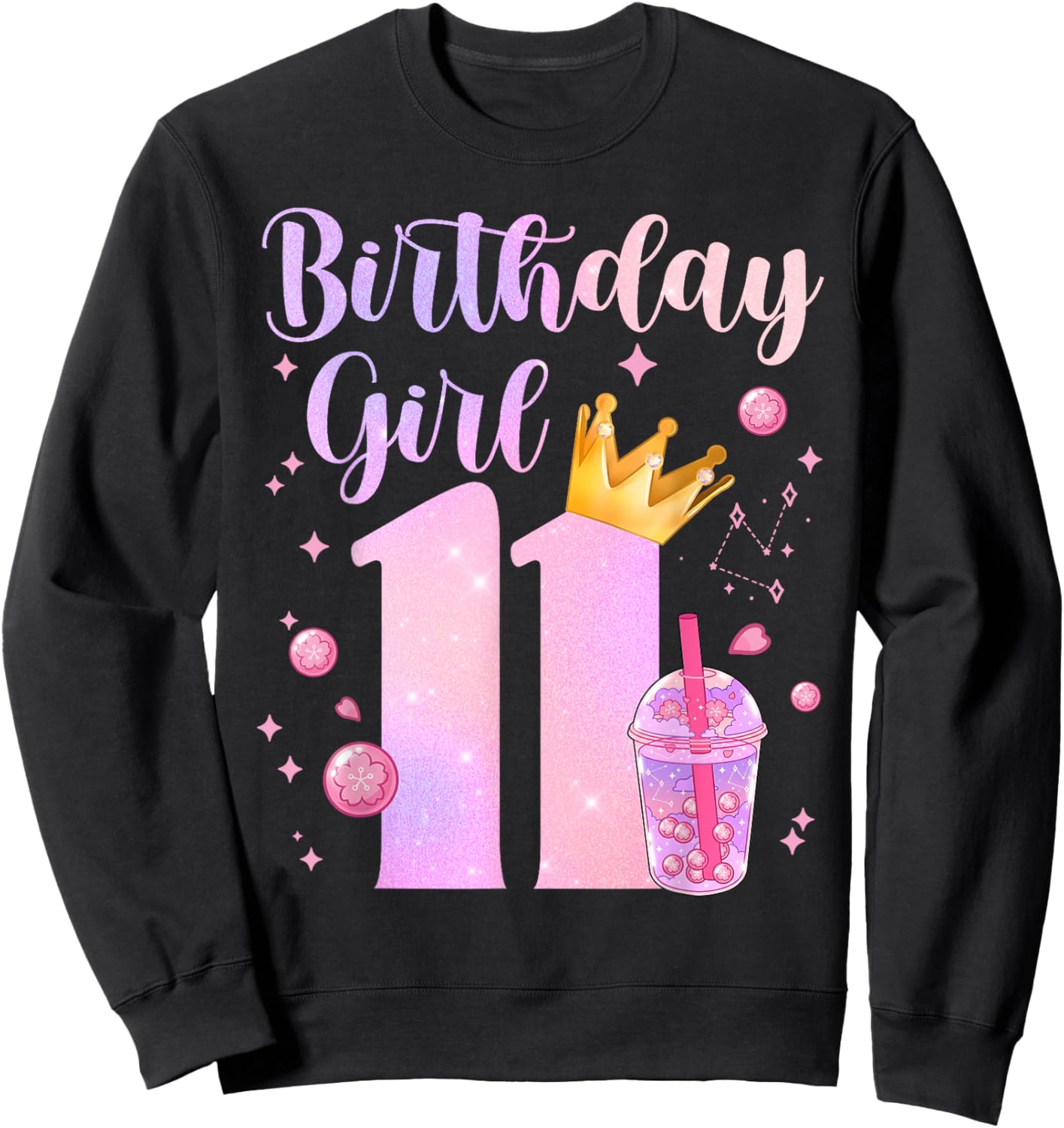 Birthday Girl 11 Yrs Old Boba Tea Theme Party 11th Bday Kids Sweatshirt - Sweatshirt | Black