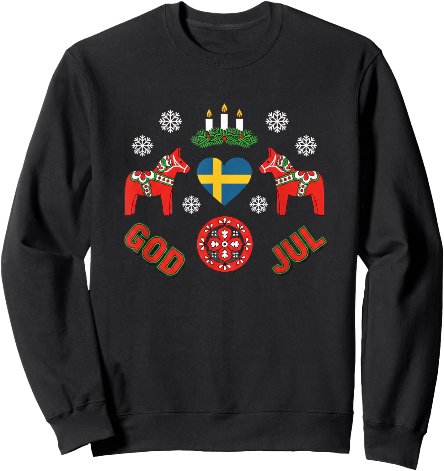 God Jul Swedish Christmas Dala Horse Snowflake Holiday Sweatshirt - Sweatshirt | Black
