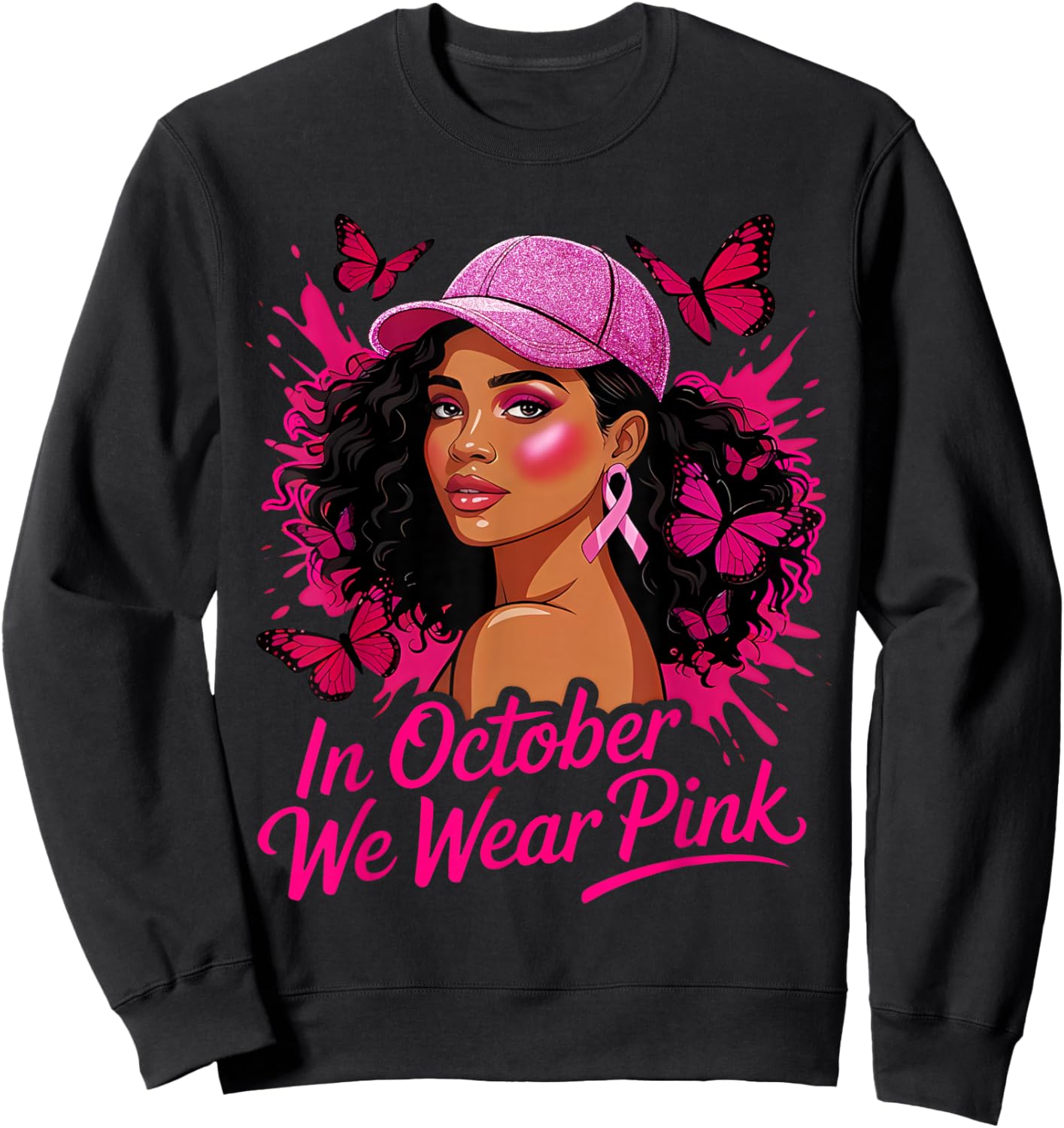 in October We Wear Pink Breast Cancer Awareness Afro Woman Sweatshirt - Sweatshirt | Black