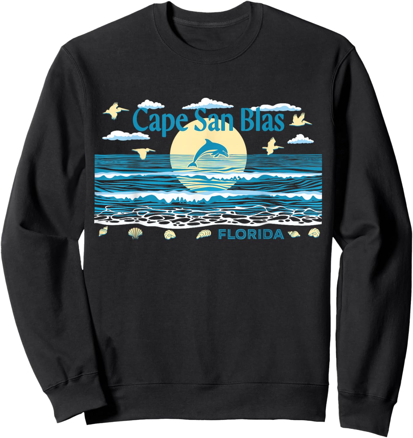 Cape San Blas FL Dolphin Pelican Waves Beach Vacation Sweatshirt - Sweatshirt | Black