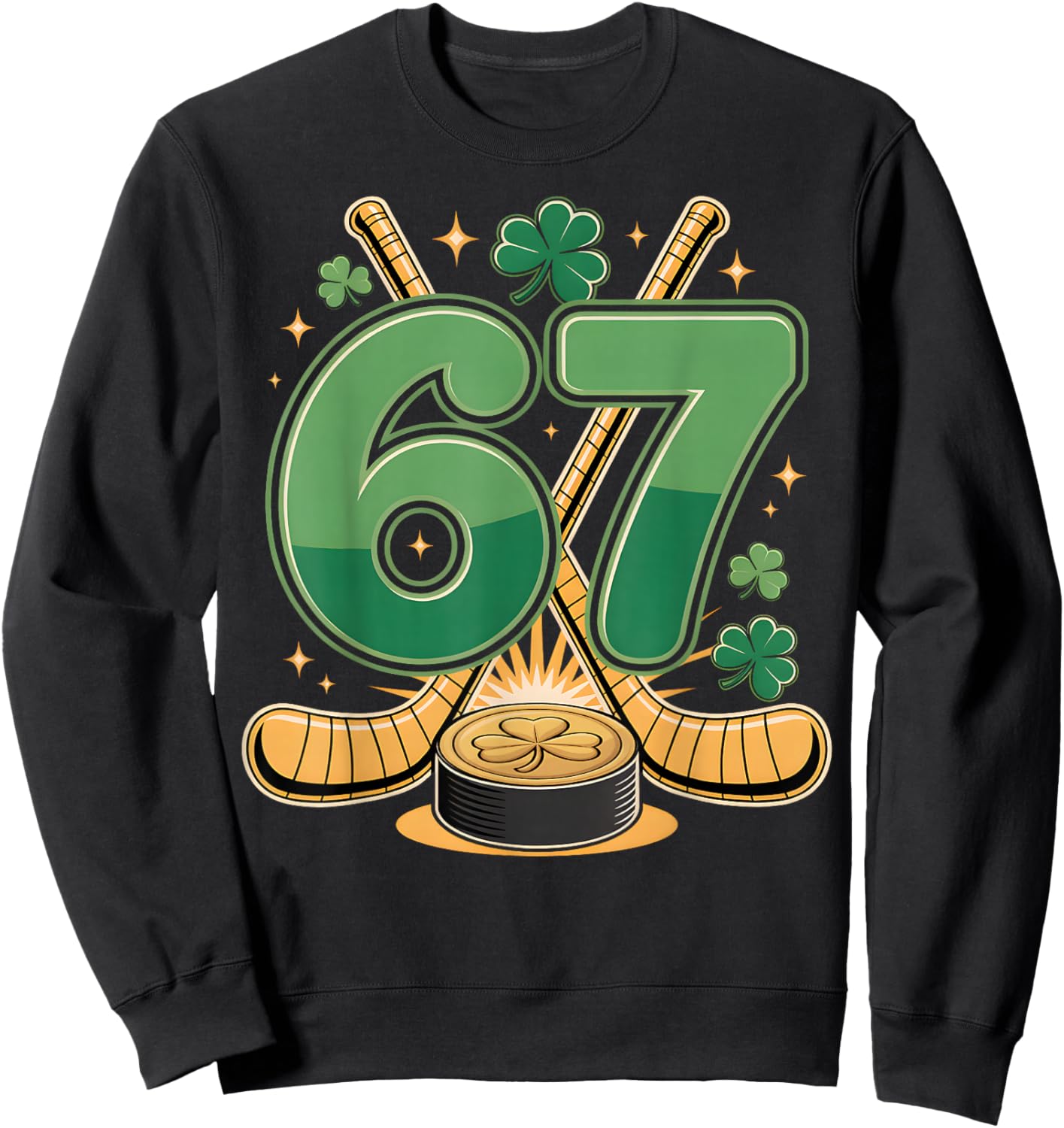 St Patricks Day Number 67 Hockey Lucky Shamrock Clover Sweatshirt - Sweatshirt | Black