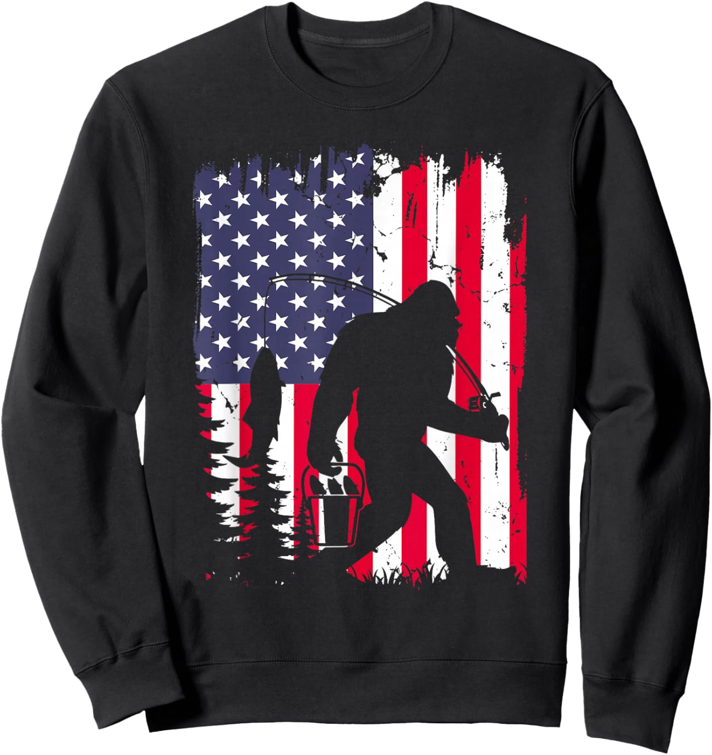 Funny Bigfoot Fishing American Flag USA Sasquatch Gift Sweatshirt - Sweatshirt | Black