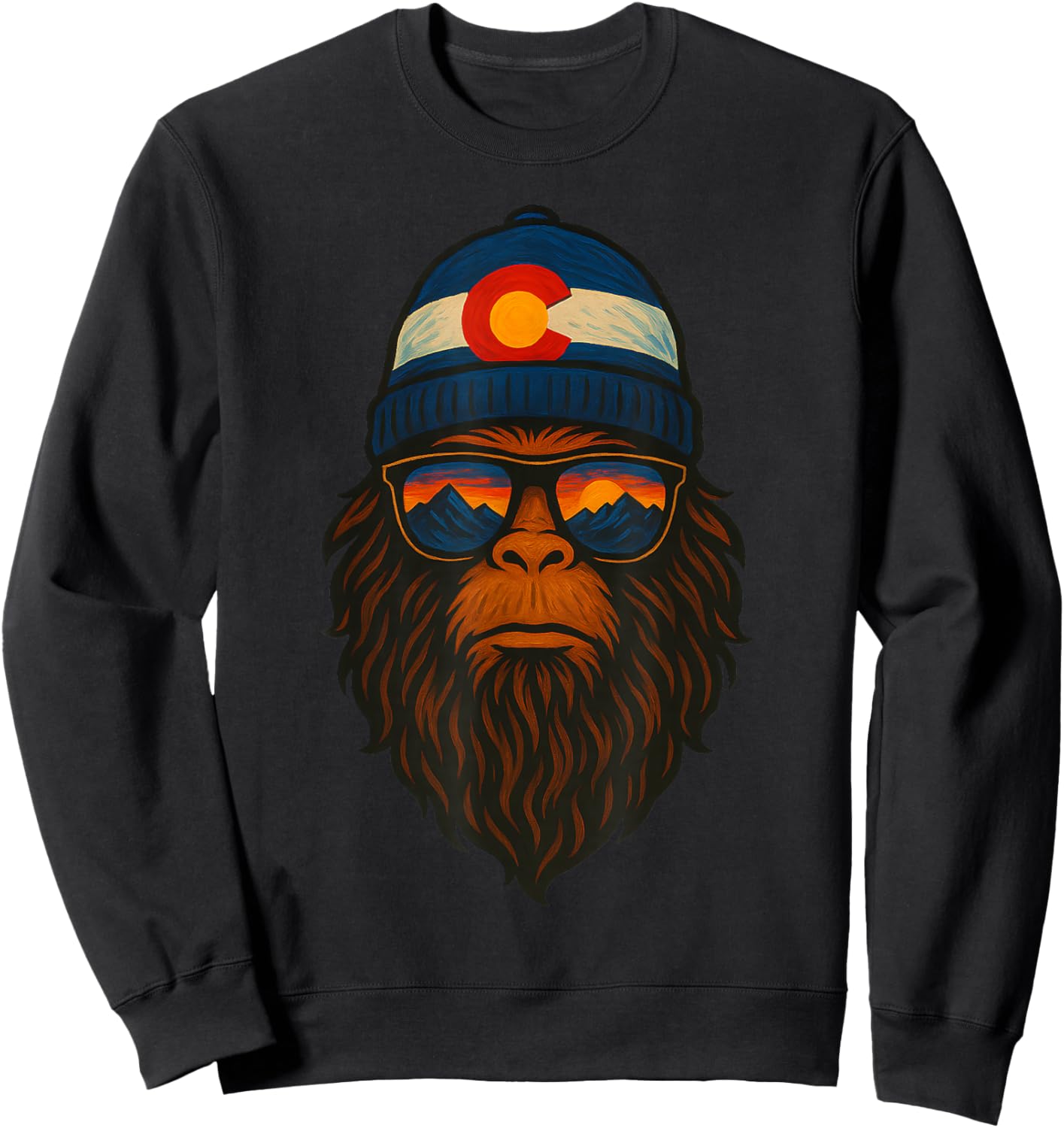 Colorado Sasquatch Beanie Sunset Mountain Bigfoot Art Retro Sweatshirt - Sweatshirt | Black