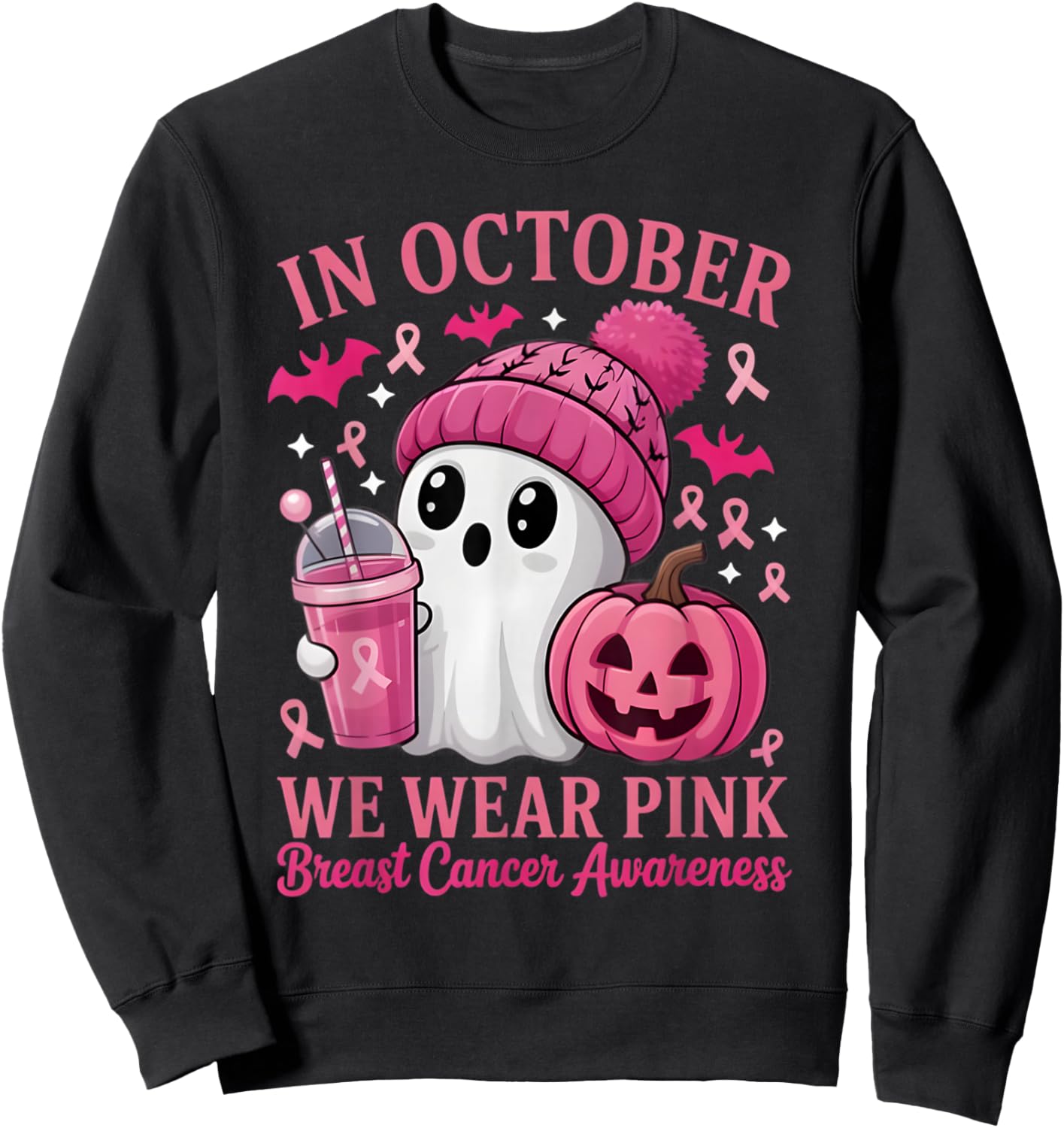 Breast Cancer Halloween Women in October We Wear Pink Gifts Sweatshirt - Sweatshirt | Black