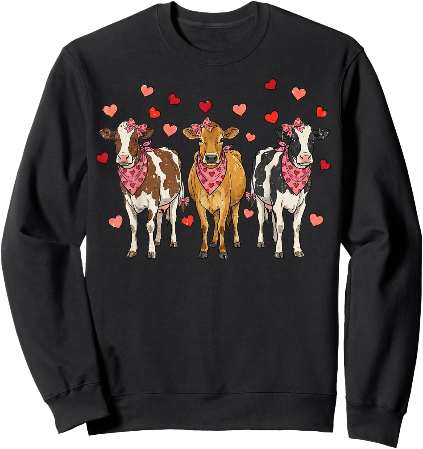 Valentine Cow Coquette Bow Bandana Hearts Girl Women Sweatshirt - Sweatshirt | Black