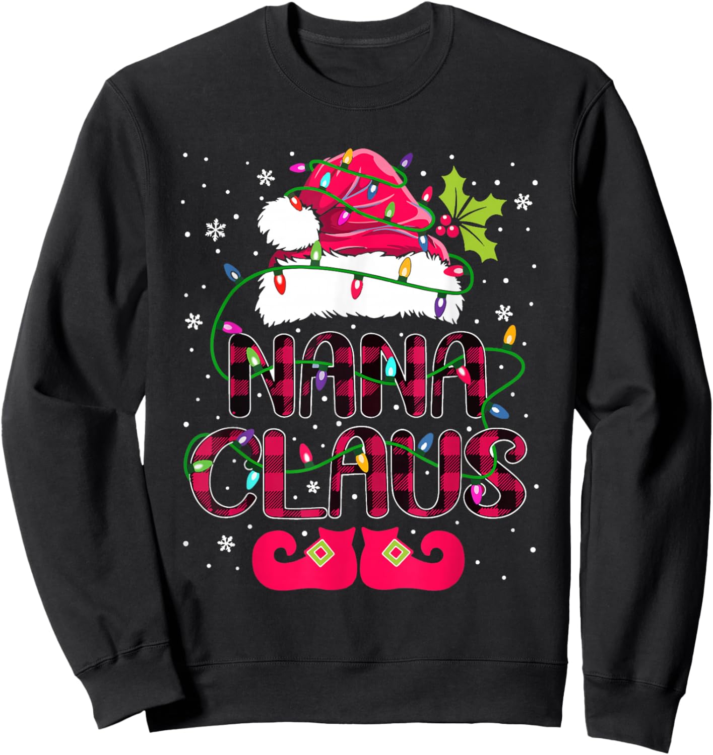 Nana Claus Plaid Christmas Lights Sweatshirt - Sweatshirt | Black