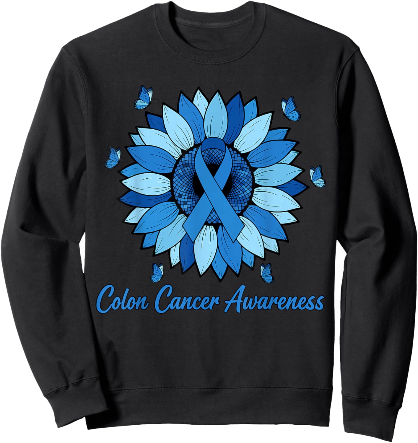 Sunflower Colon Cancer Awareness Month Blue Ribbon Sweatshirt - Sweatshirt | Black