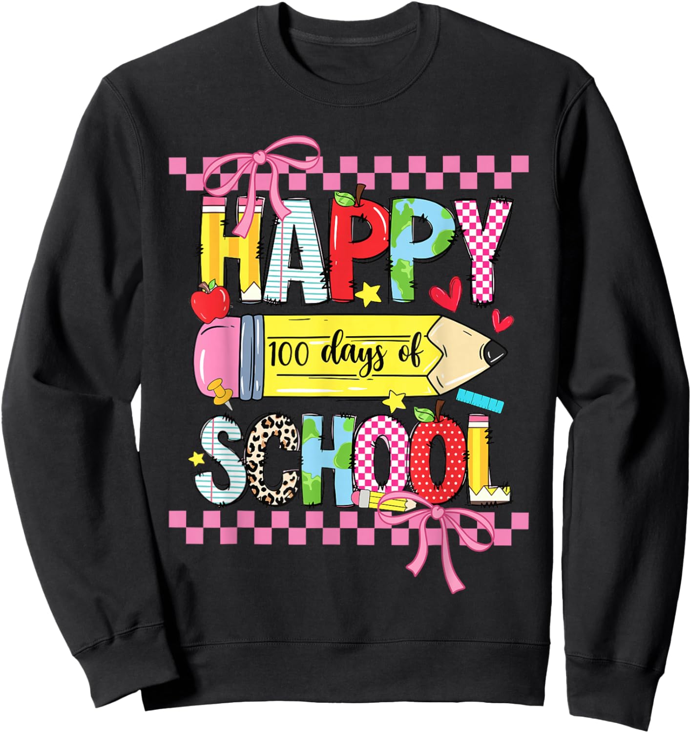 Happy 100th Day of School Teacher Girls Coquette Bow 100 Day Sweatshirt - Sweatshirt | Black