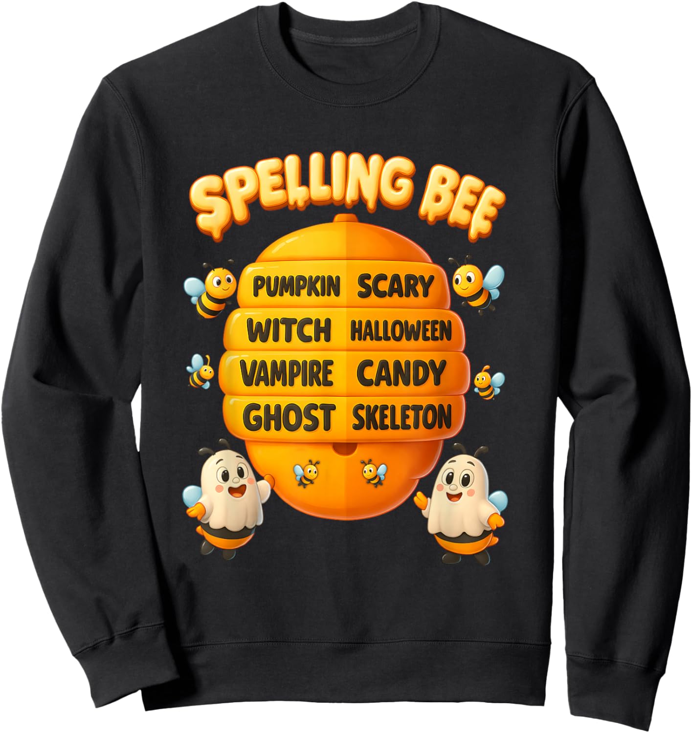 Halloween Spelling Bee Hive Pumpkin Vampire Ghost Skeleton Sweatshirt - Sweatshirt | Black