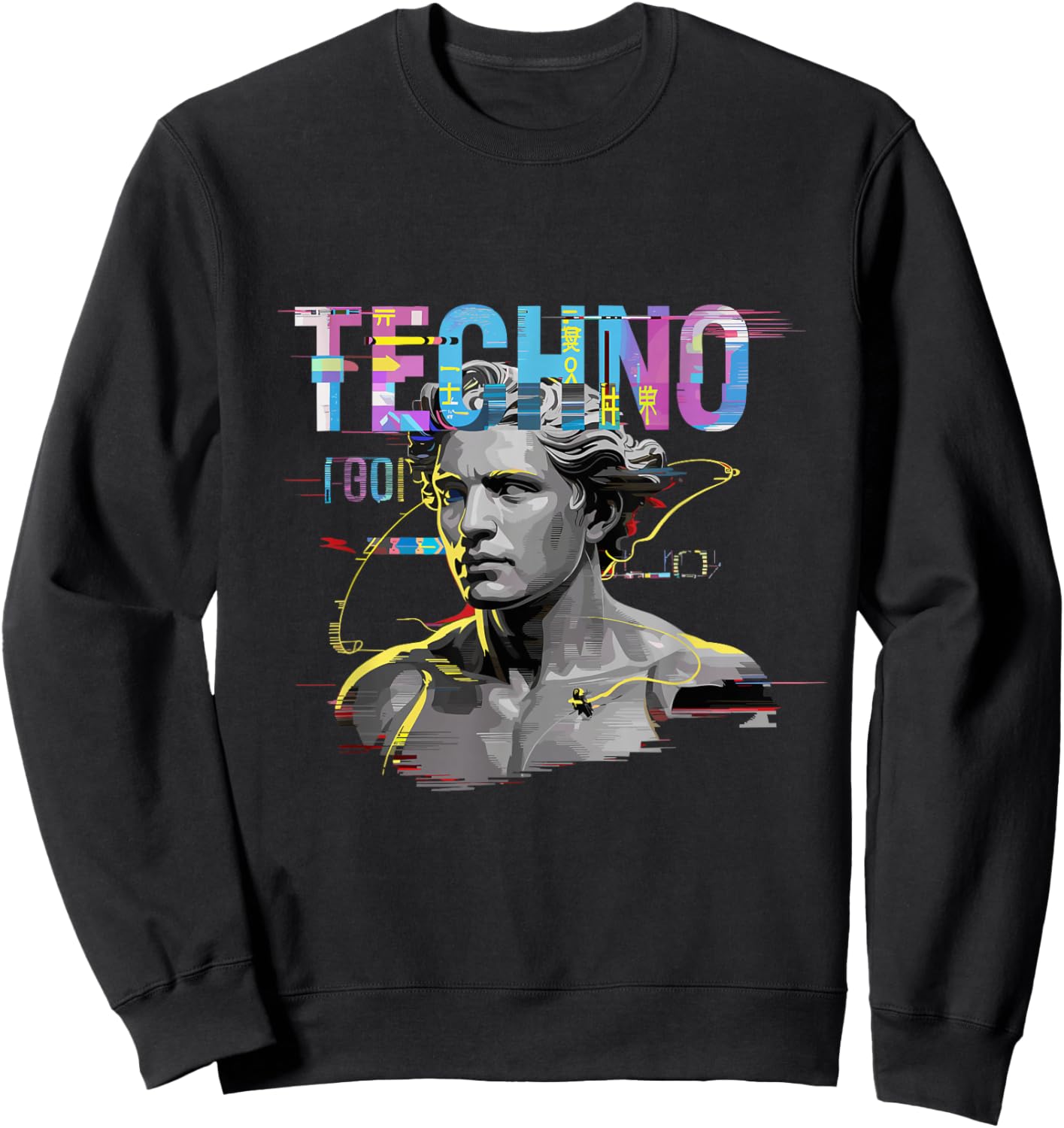 Futuristic Techno Statue Glitch Raver DJ Festival Sweatshirt - Sweatshirt | Black