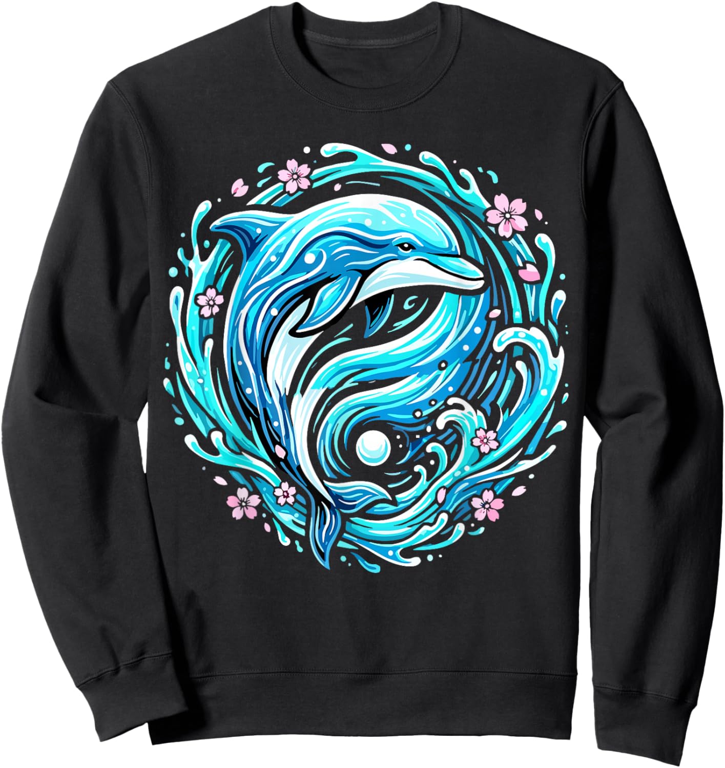 Cute Dolphin Ocean Wave Floral Sweatshirt - Sweatshirt | Black
