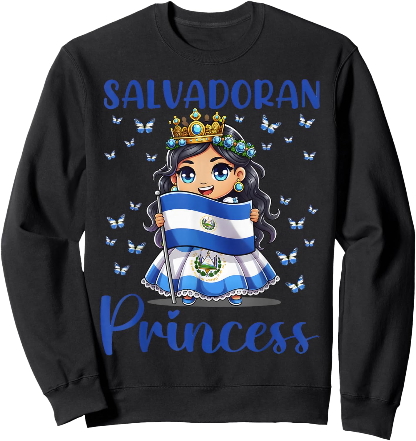 Salvadoran Princess Flag Butterfly Cute Chibi Sweatshirt - Sweatshirt | Black