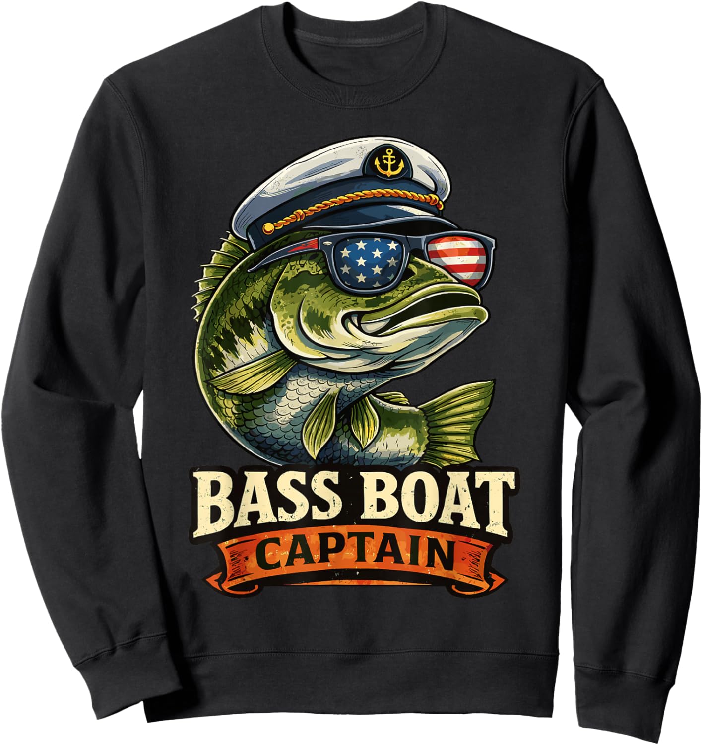 Funny Bass Boat Captain Patriotic American Flag Fishing Sweatshirt - Sweatshirt | Black