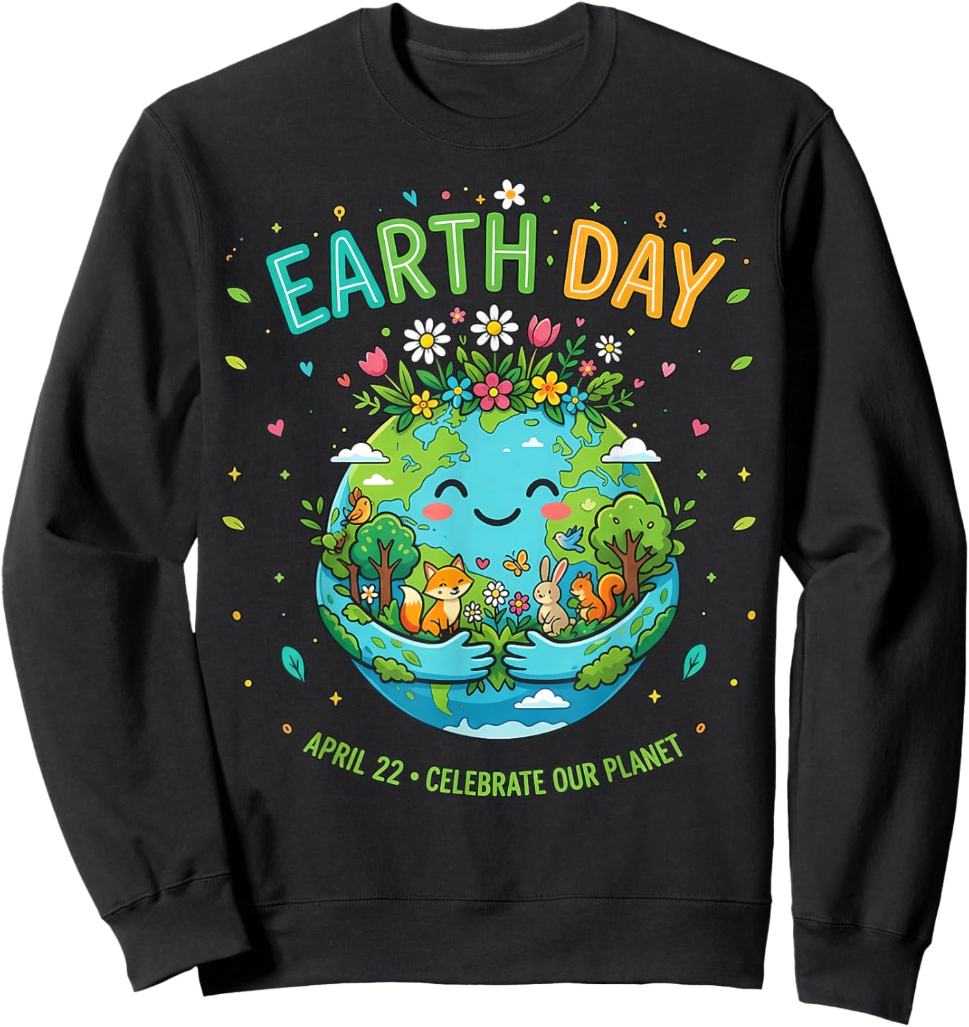 Earth Day 2026 Happy Earth Day Shirt Cute Earth with Floral Sweatshirt - Sweatshirt | Black