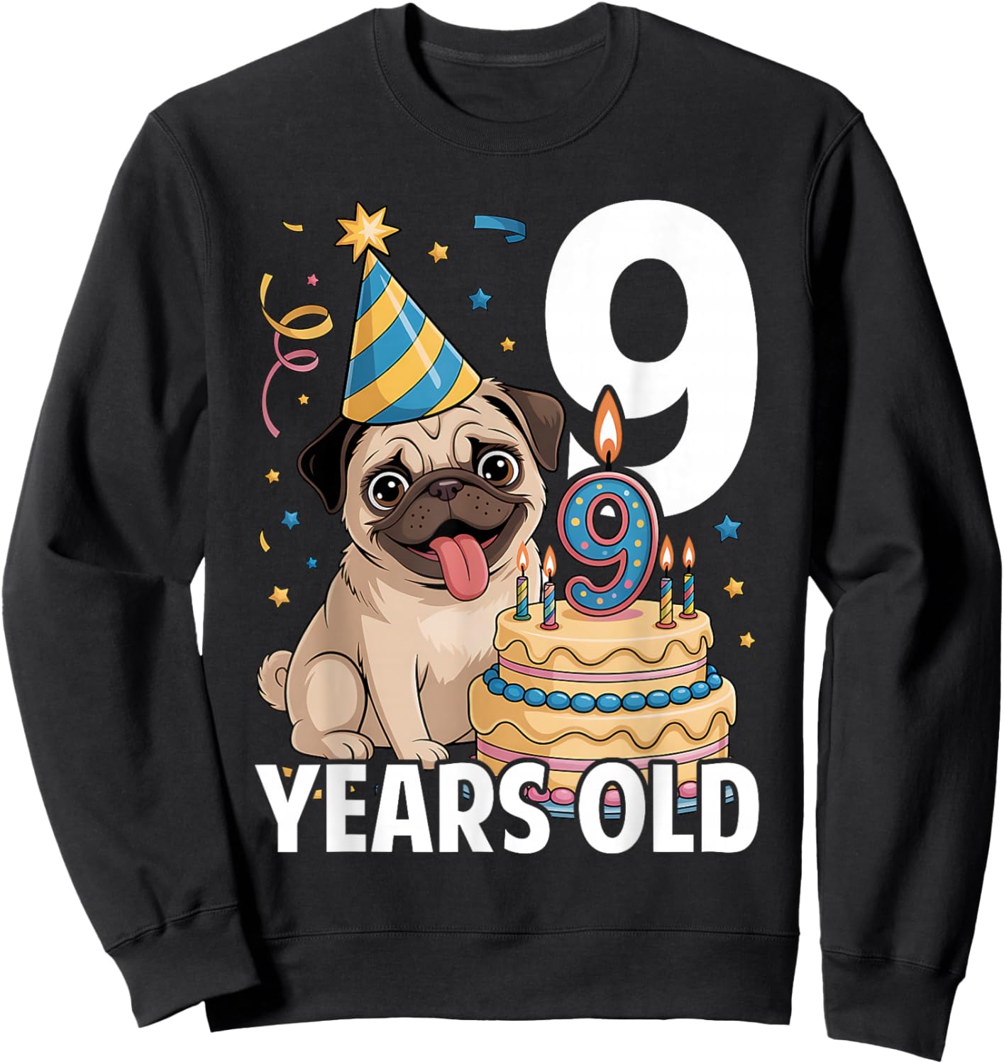 9 Years Old Birthday Pug Dog Lover Party Kids Boys Girls Sweatshirt - Sweatshirt | Black