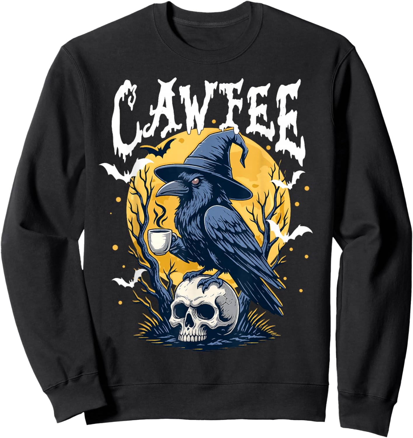 Coffee Crow Gothic Raven Funny Halloween Meme Trendy Spooky Sweatshirt - Sweatshirt | Black