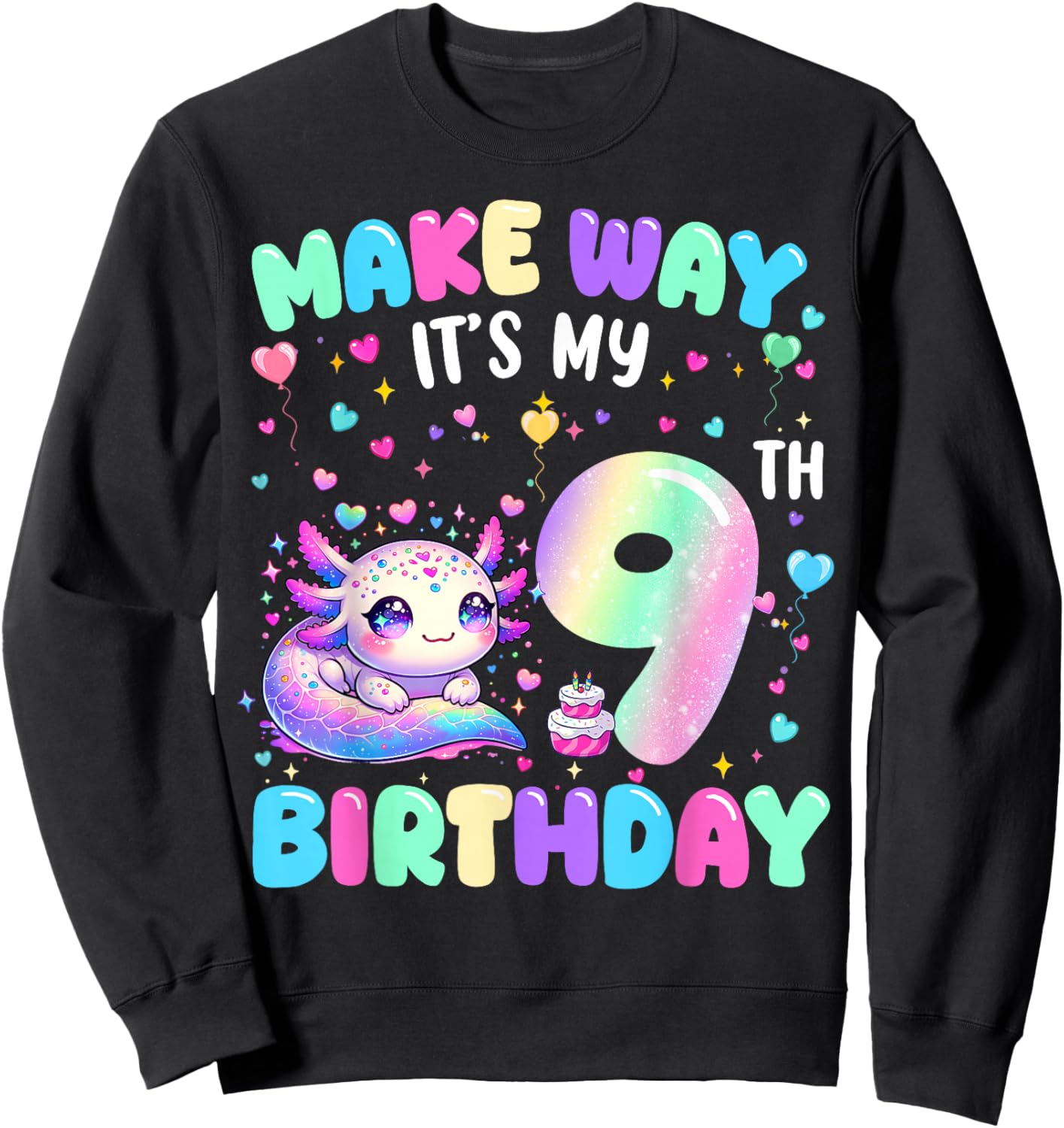 It's My 9th Birthday Girl Cute Axolotl 9 Year Old Bday Kids Sweatshirt - Sweatshirt | Black