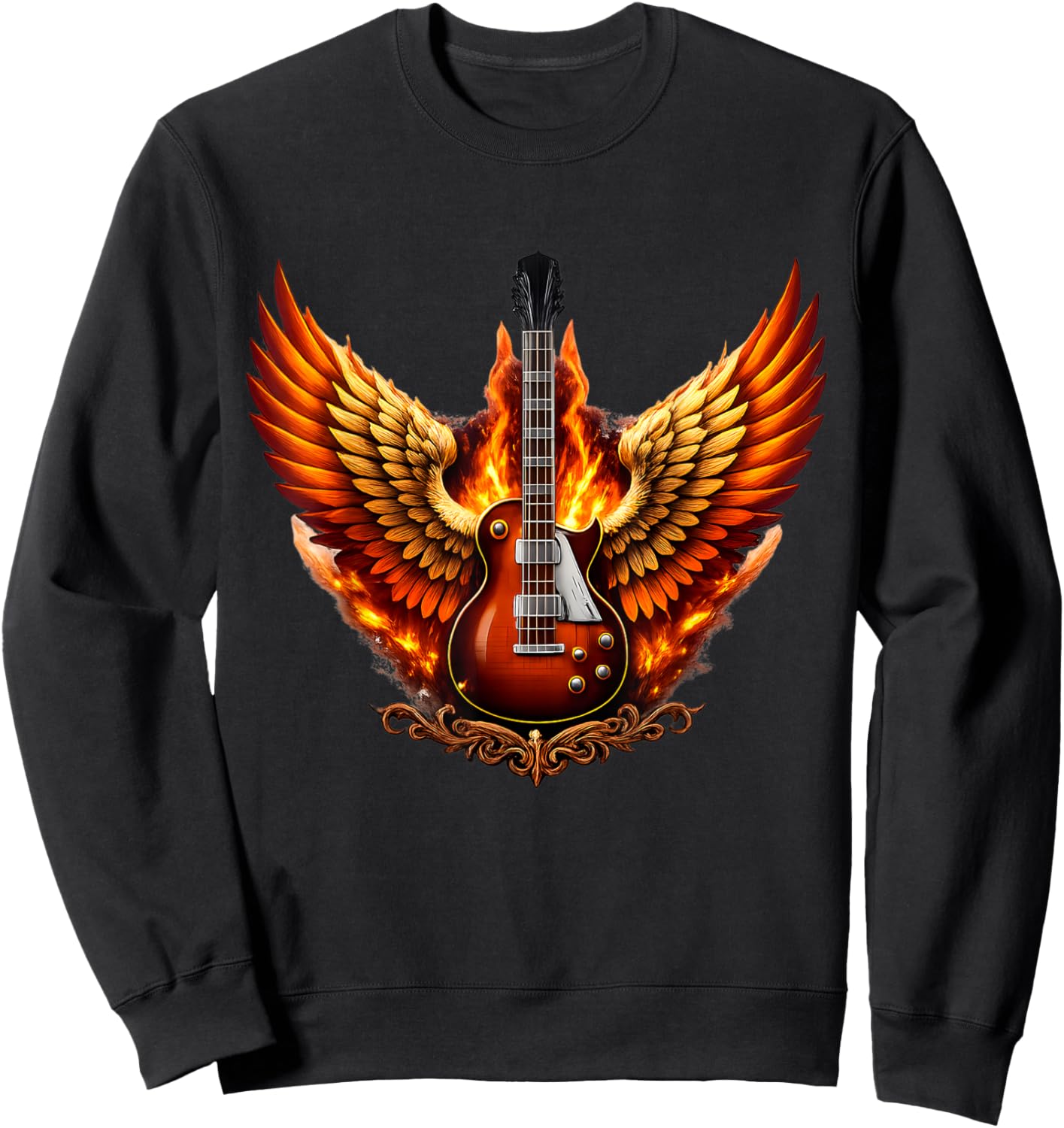 Flaming Angel and Guitar Fiery Rock Wings Sweatshirt - Sweatshirt | Black