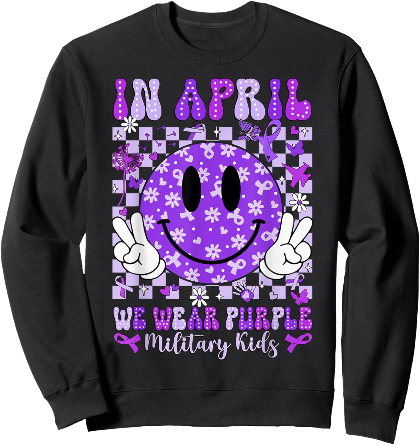 in April We Wear Purple for Military Smile Face Women Kids Sweatshirt - Sweatshirt | Black