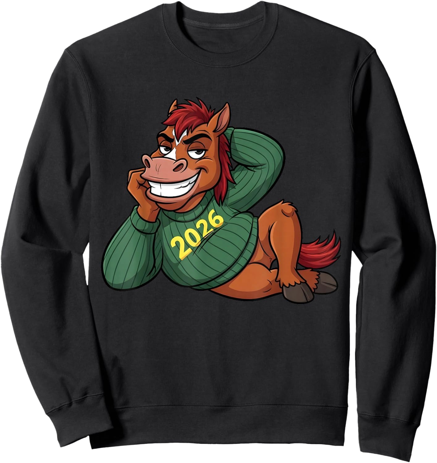 Funny Lunar New Year 2026 Horse Festive Cartoon Sweatshirt - Sweatshirt | Black