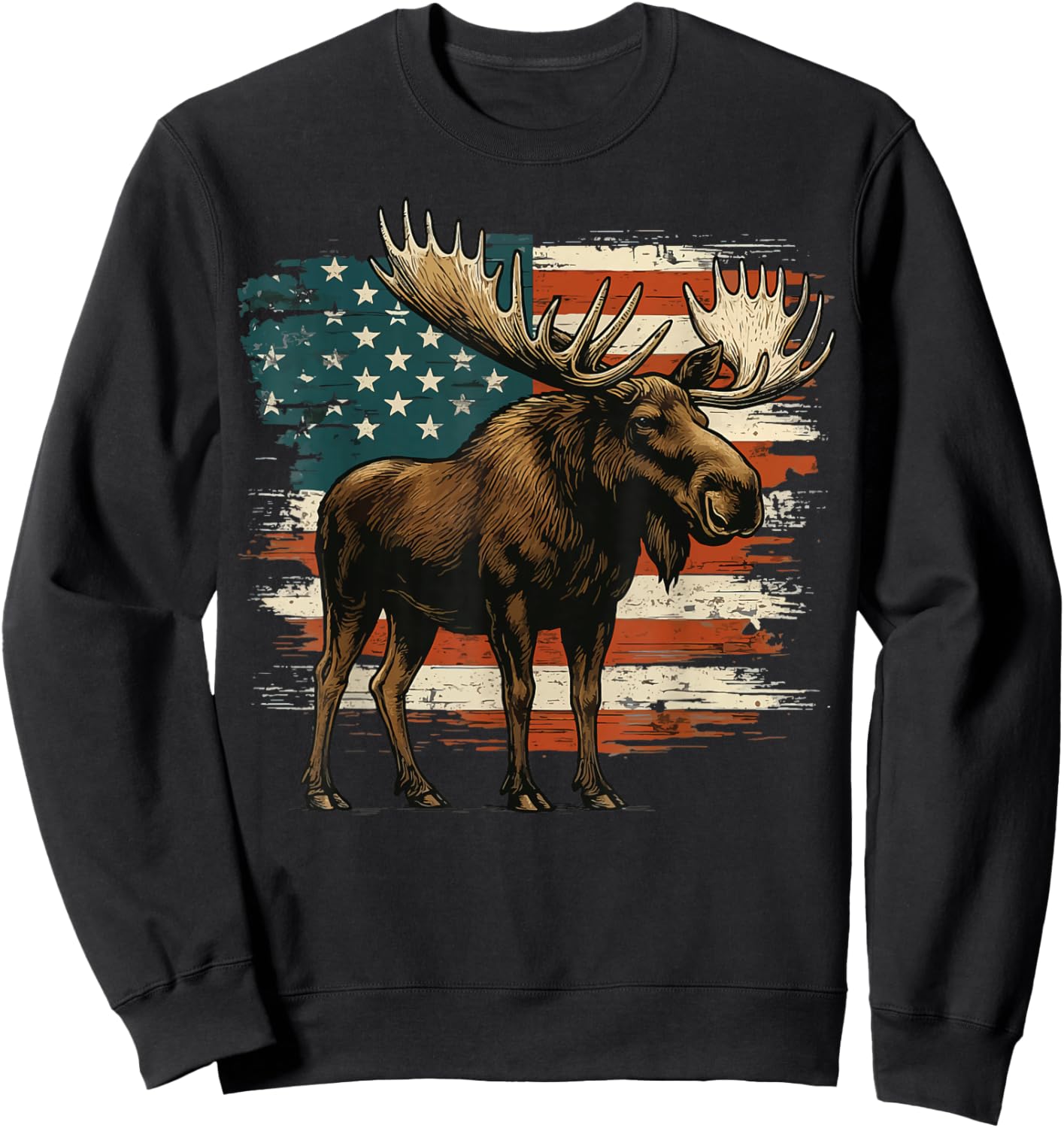 Moose USA Flag Alaska Wildlife Sweatshirt - Sweatshirt | Black