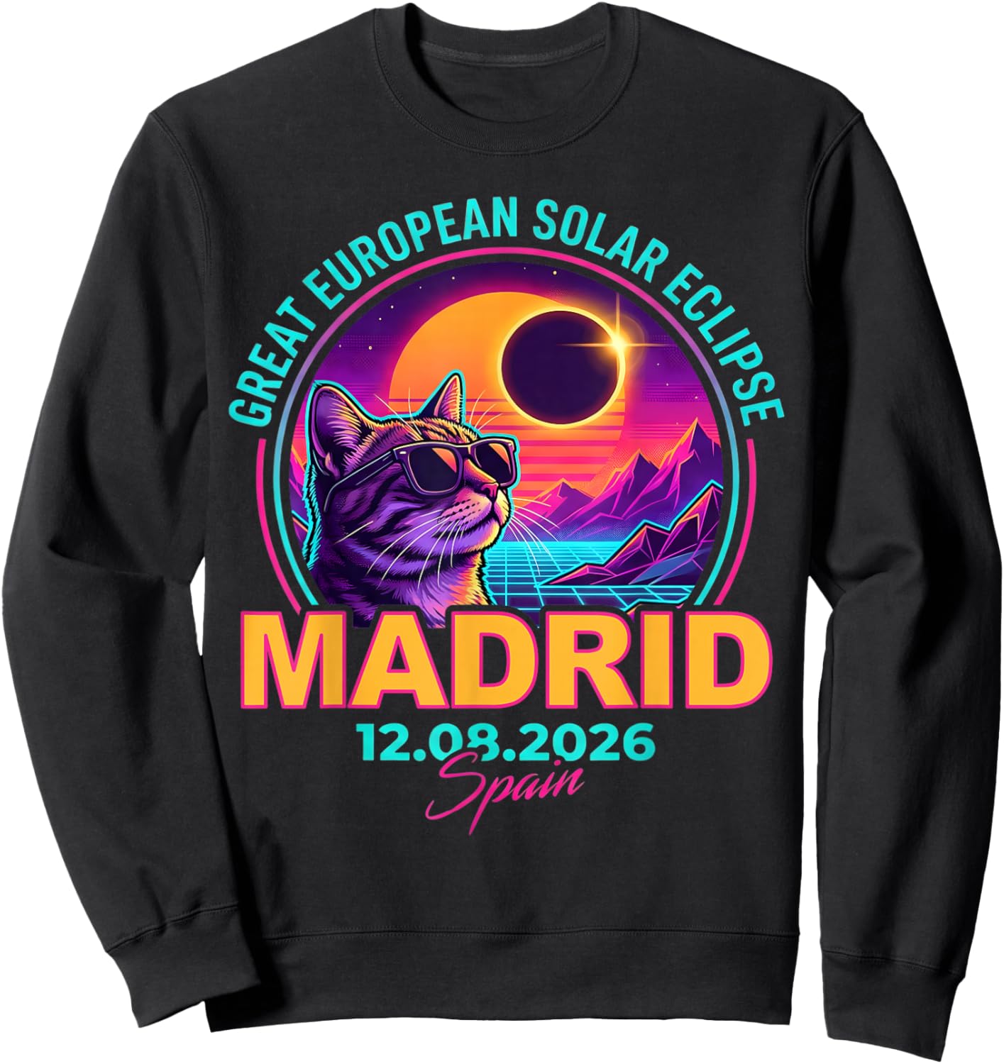 Great European Solar Eclipse 2026 Madrid Spain Cat Retro Sweatshirt - Sweatshirt | Black