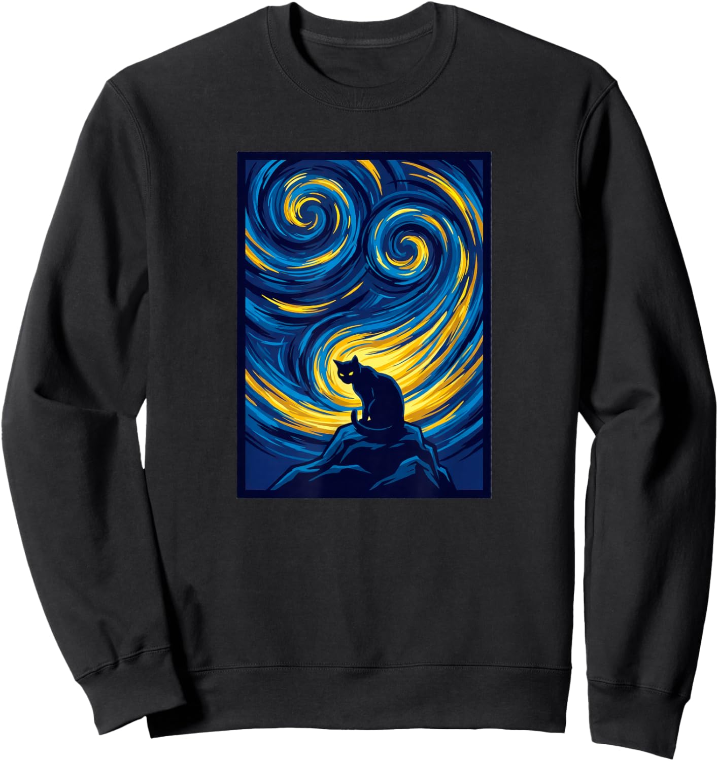 Starry Night Cat on Swirling Sky Art Sweatshirt - Sweatshirt | Black