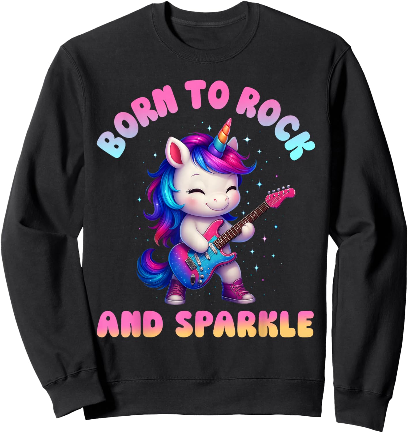 Born to Rock and Sparkle Cute Unicorn Guitar Kids Girls Cute Sweatshirt - Sweatshirt | Black