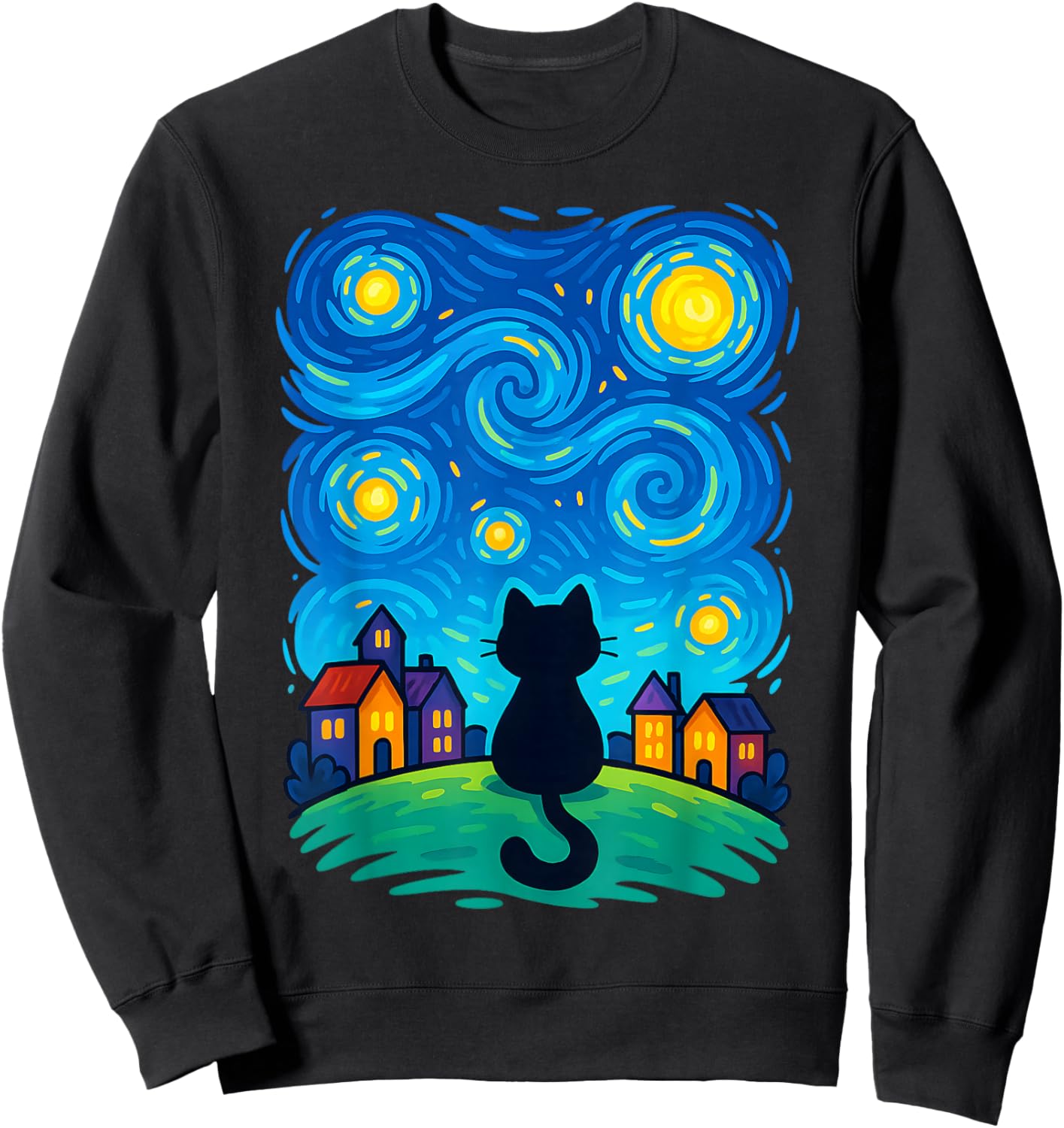 Cat Looking at Starry Night Sky Colorful Moon Houses Stars Sweatshirt - Sweatshirt | Black