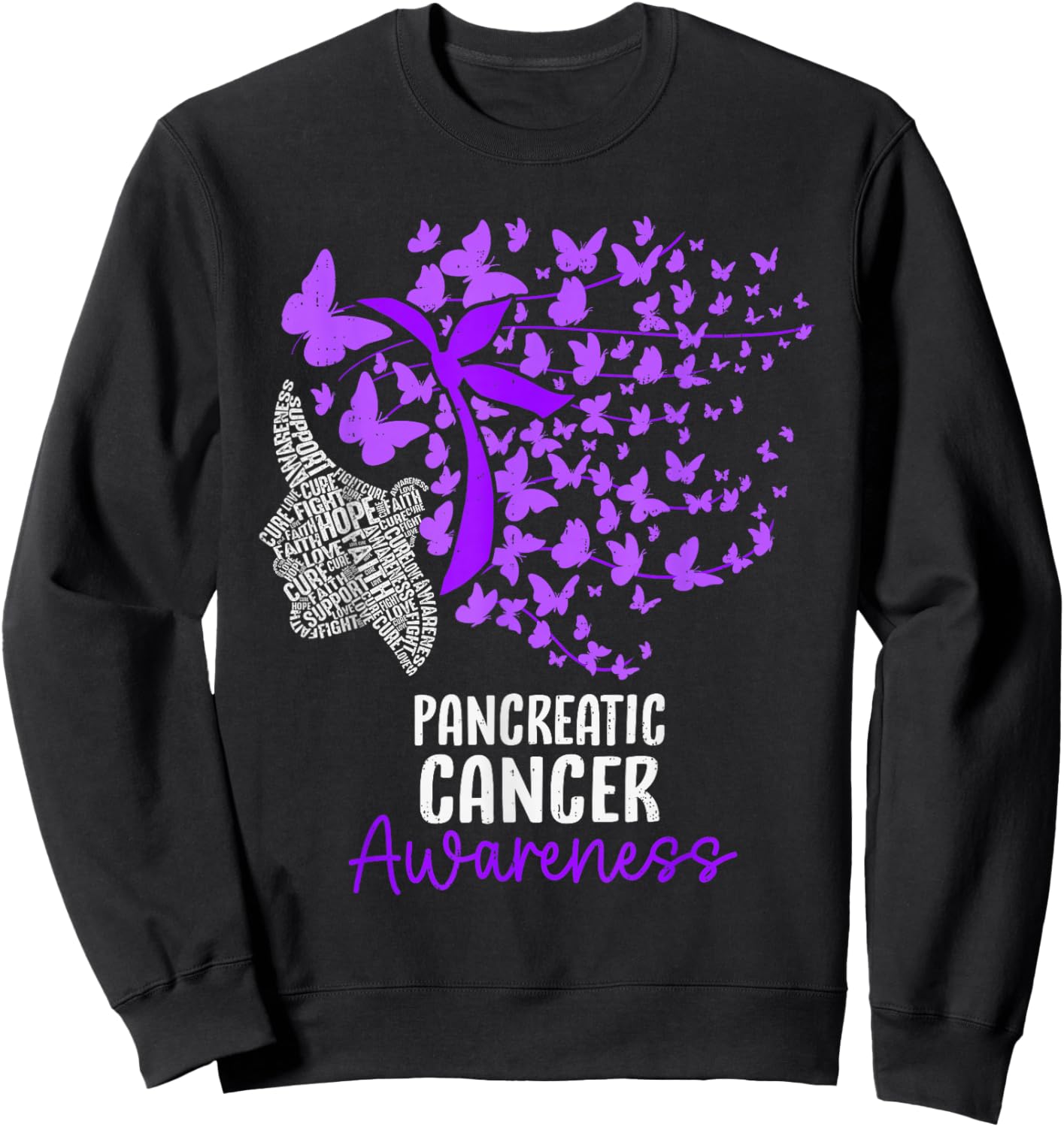 Pancreatic Cancer Awareness Butterfly Ribbon Purple Sweatshirt - Sweatshirt | Black