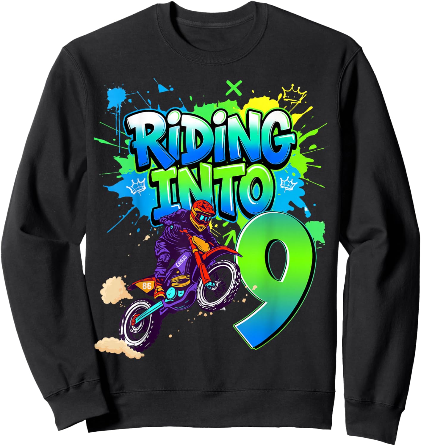 Riding Into 9 Years Old 9th Birthday Dirt Bike Boy Party Sweatshirt - Sweatshirt | Black
