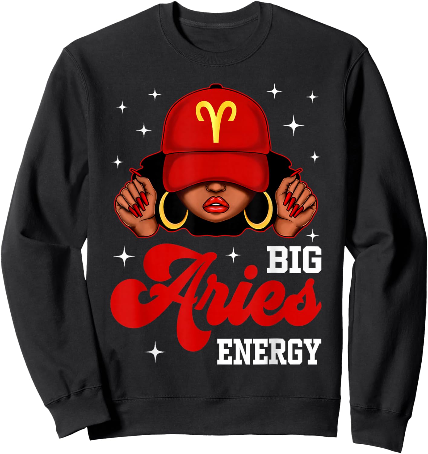 Big Aries Energy Black Woman with Red Cap Zodiac Sweatshirt - Sweatshirt | Black