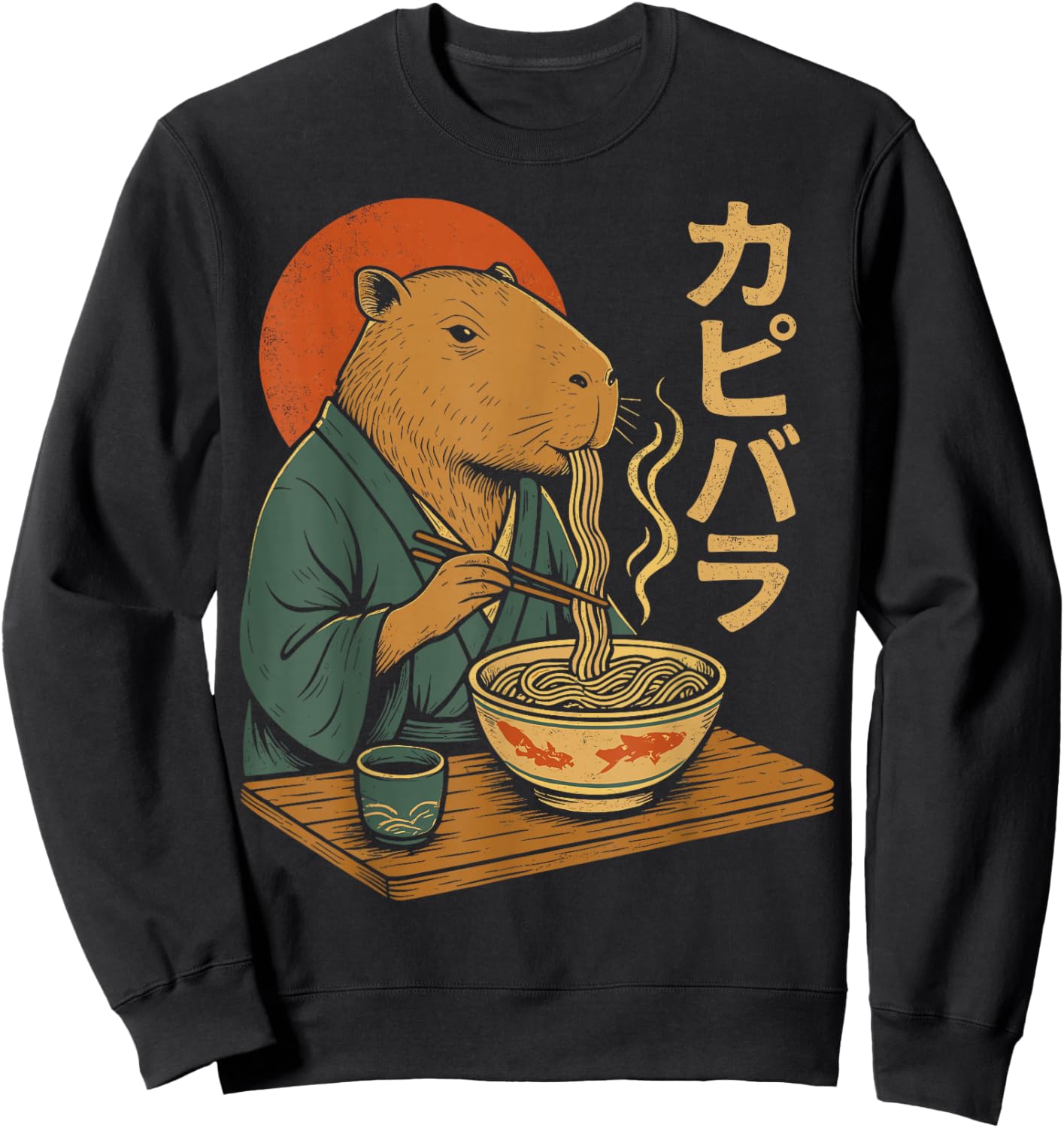 Capybara Eating Ramen Noodles Vintage Japanese Capybara Sweatshirt - Sweatshirt | Black