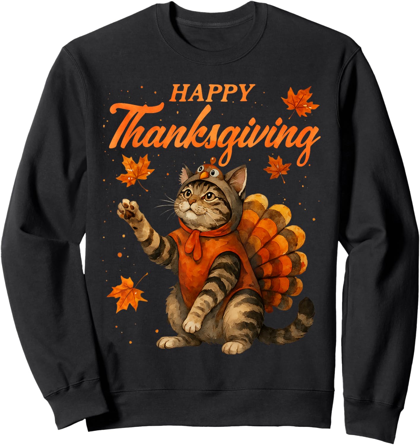 Cute Cat Turkey Happy Thanksgiving Fall Meow Cat Lover Sweatshirt - Sweatshirt | Black