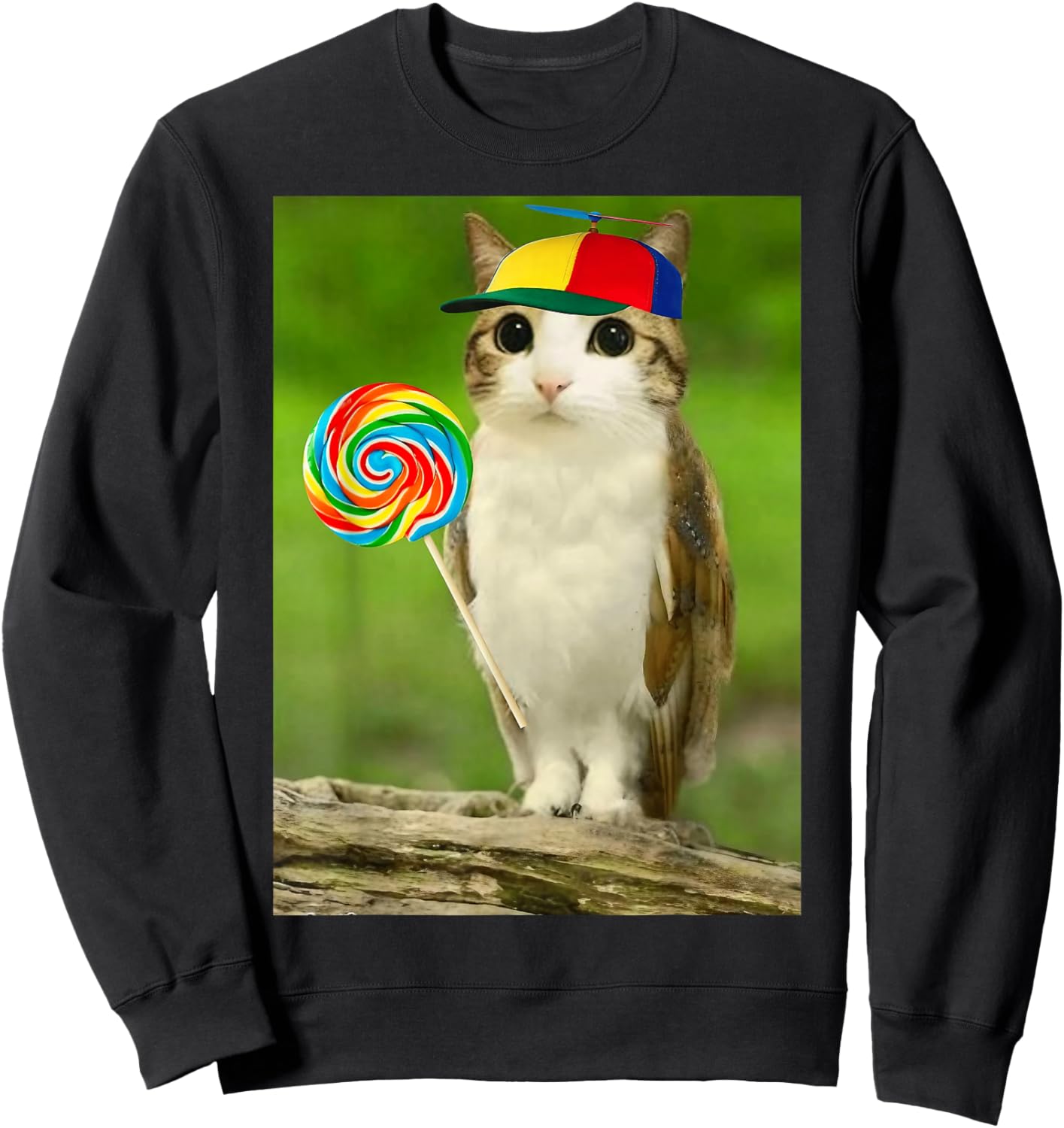Meowl Cat Owl with Lollipop Funny Cursed Internet Cat Lover Sweatshirt - Sweatshirt | Black